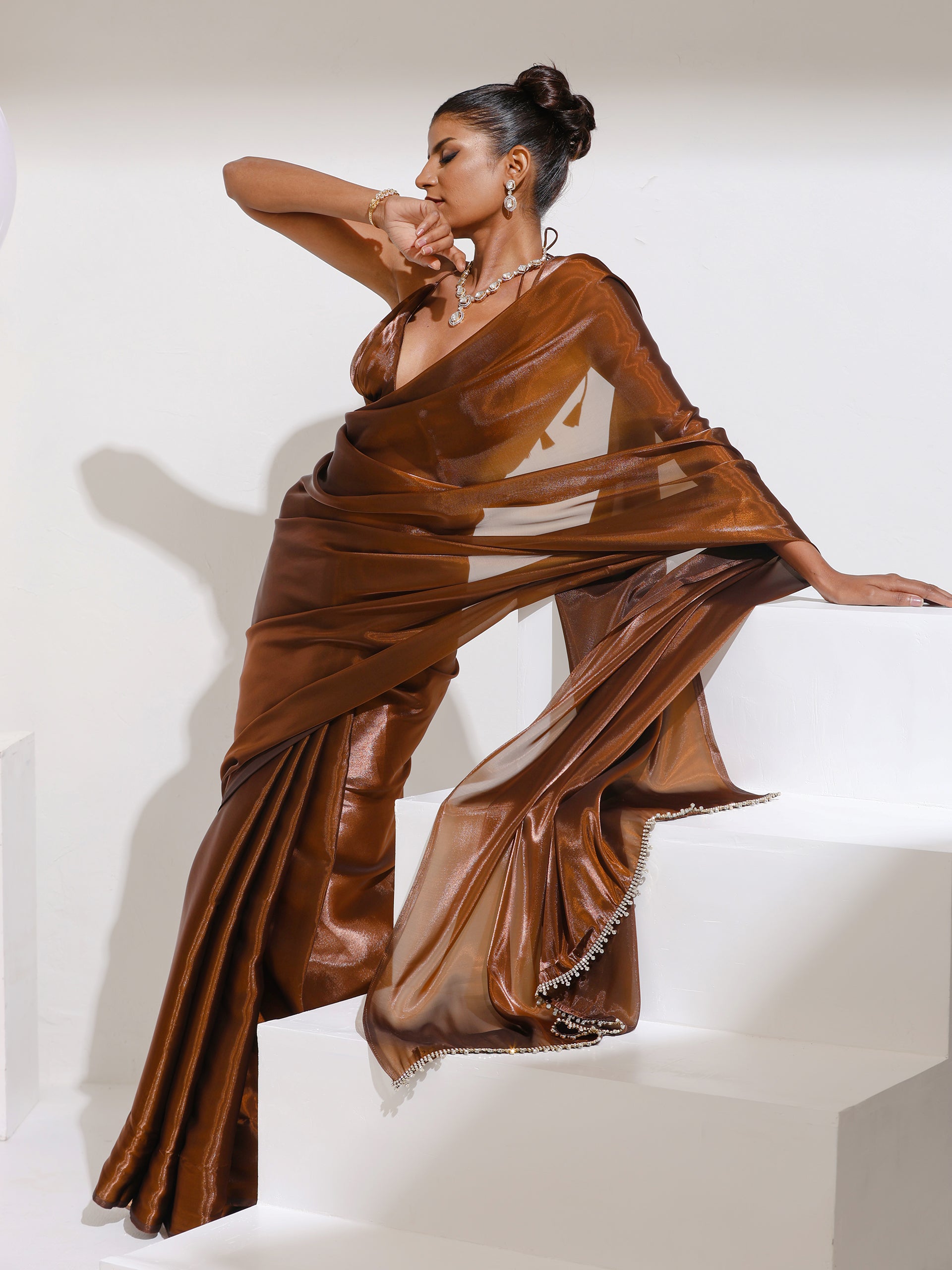 Molten Chocolate Organza Satin Saree with Swarovski style Lace and Blouse Fabric