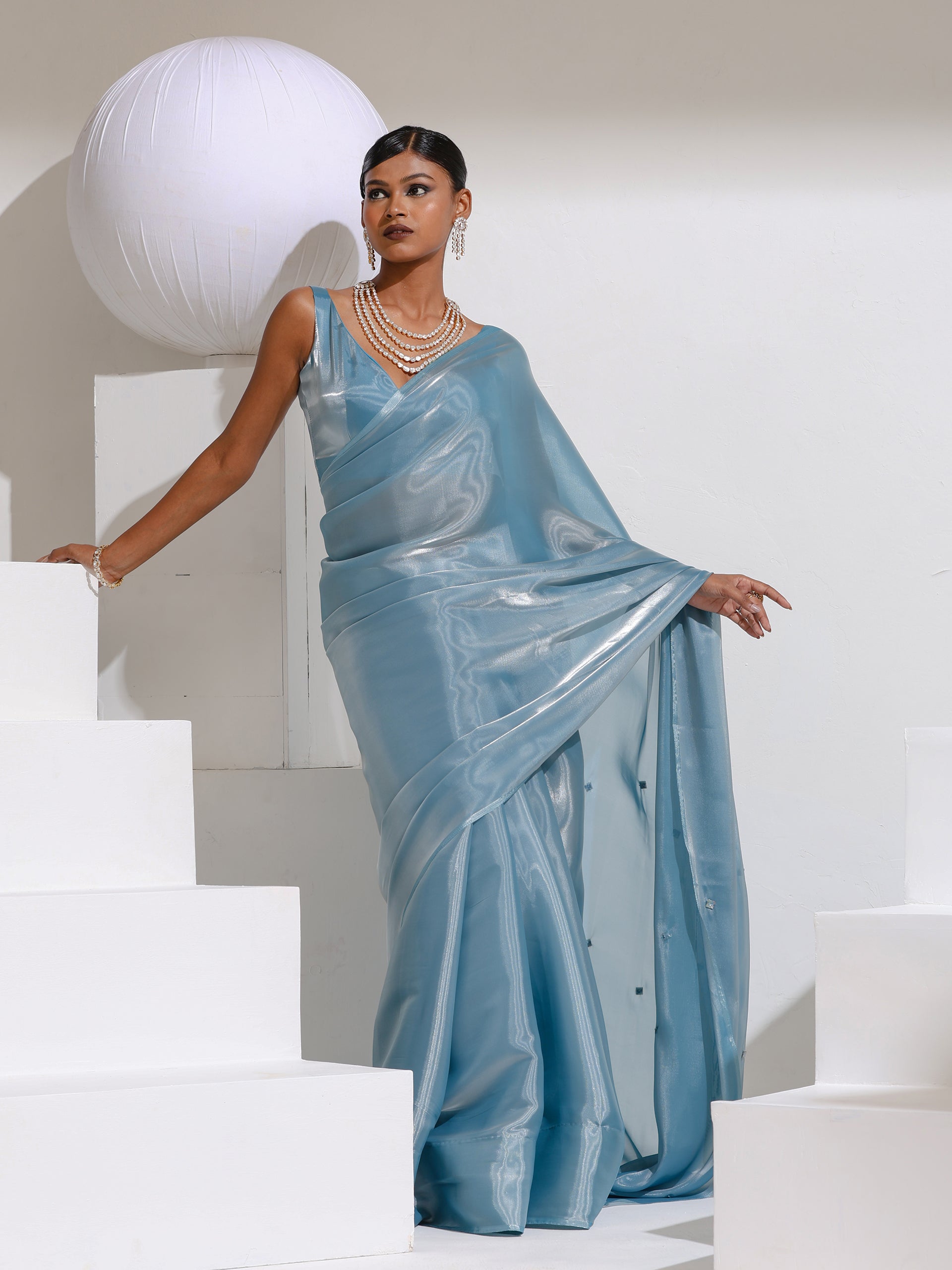 Shining Stars Sky Organza Satin Saree with Rainbow Beads and Self blouse