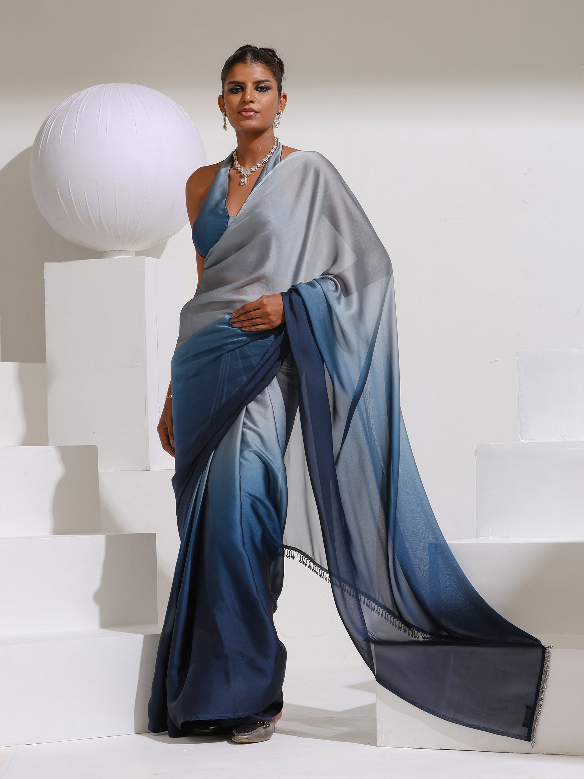 Star Command Blue Grey Ombre with Lace and Self blouse