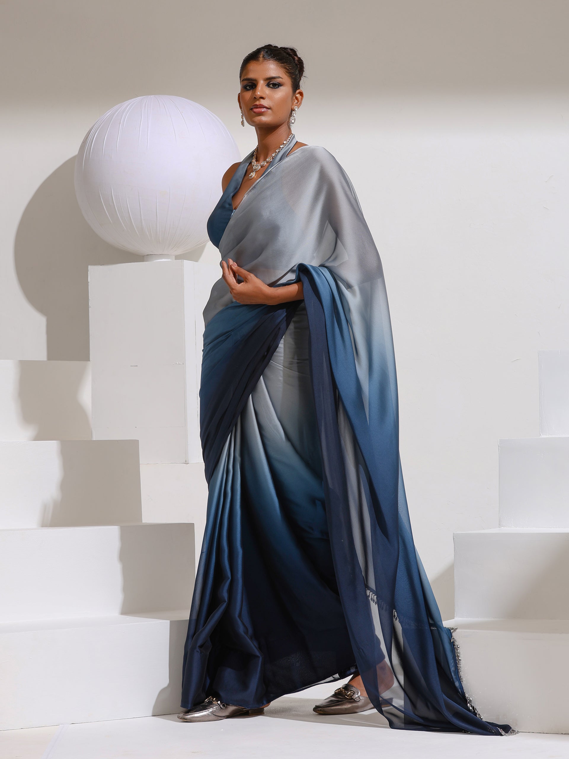 Star Command Blue Grey Ombre with Lace and Self blouse