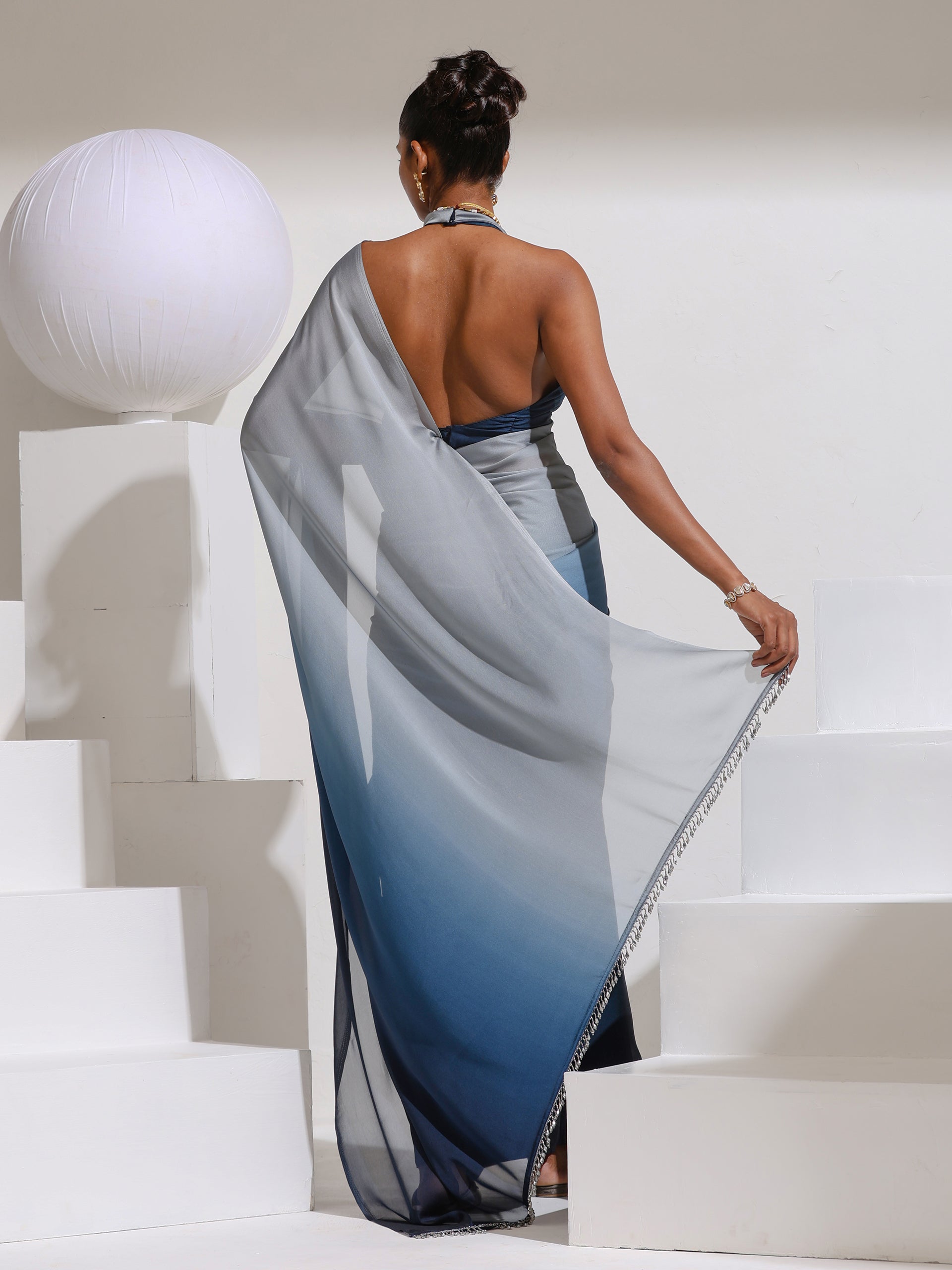 Star Command Blue Grey Ombre with Lace and Self blouse