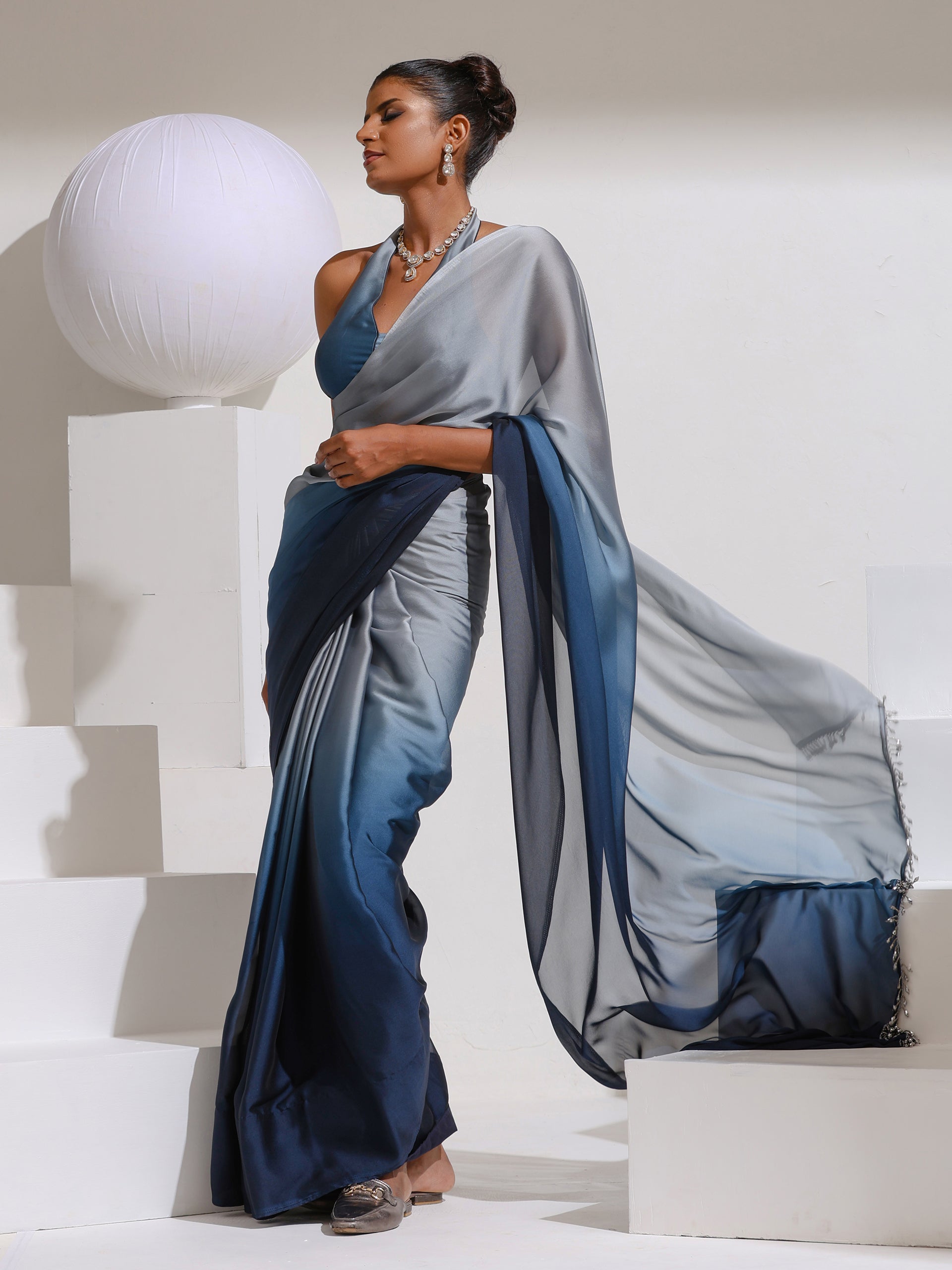 Star Command Blue Grey Ombre with Lace and Self blouse