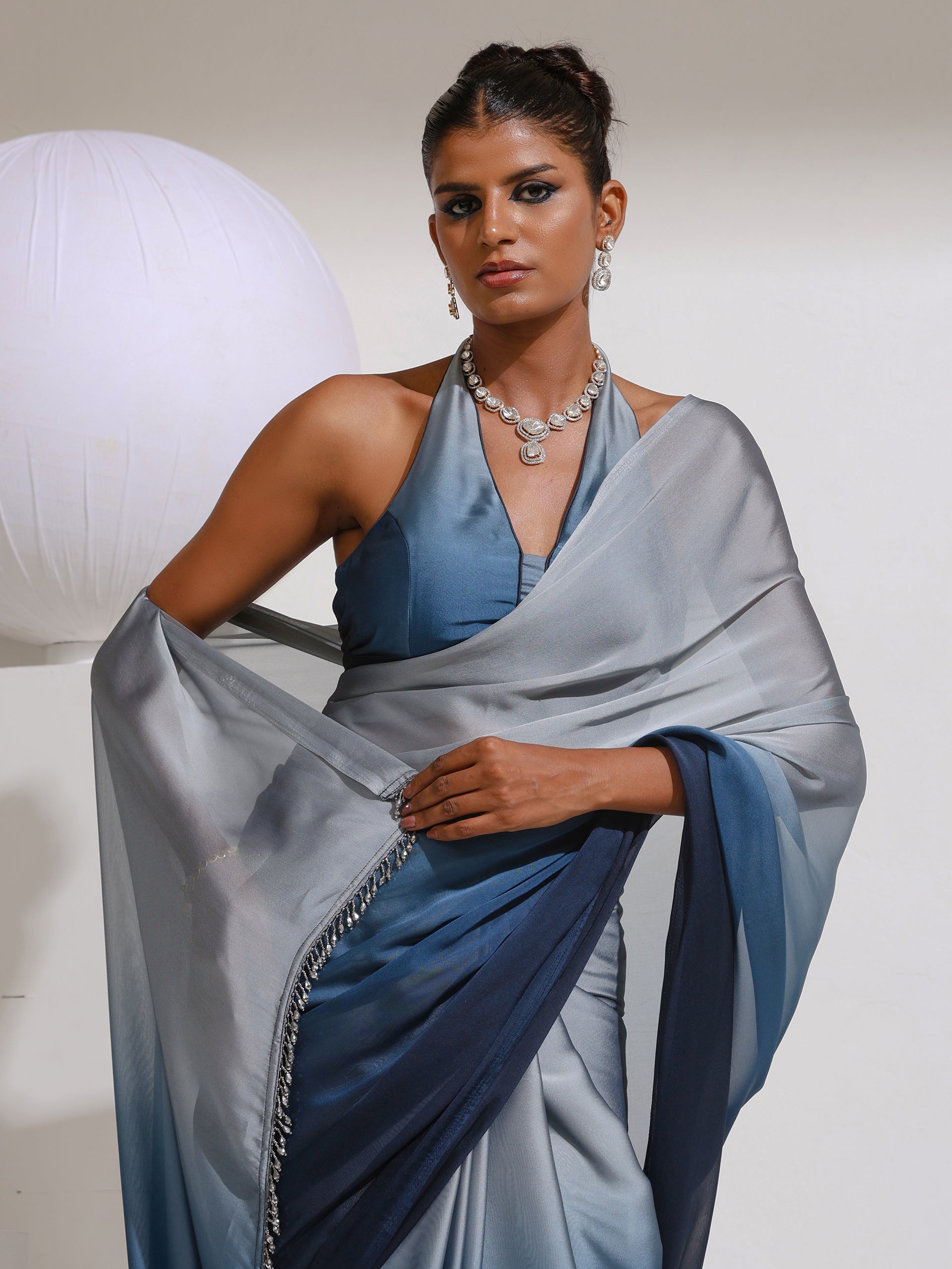 Star Command Blue Grey Ombre with Lace and Self blouse