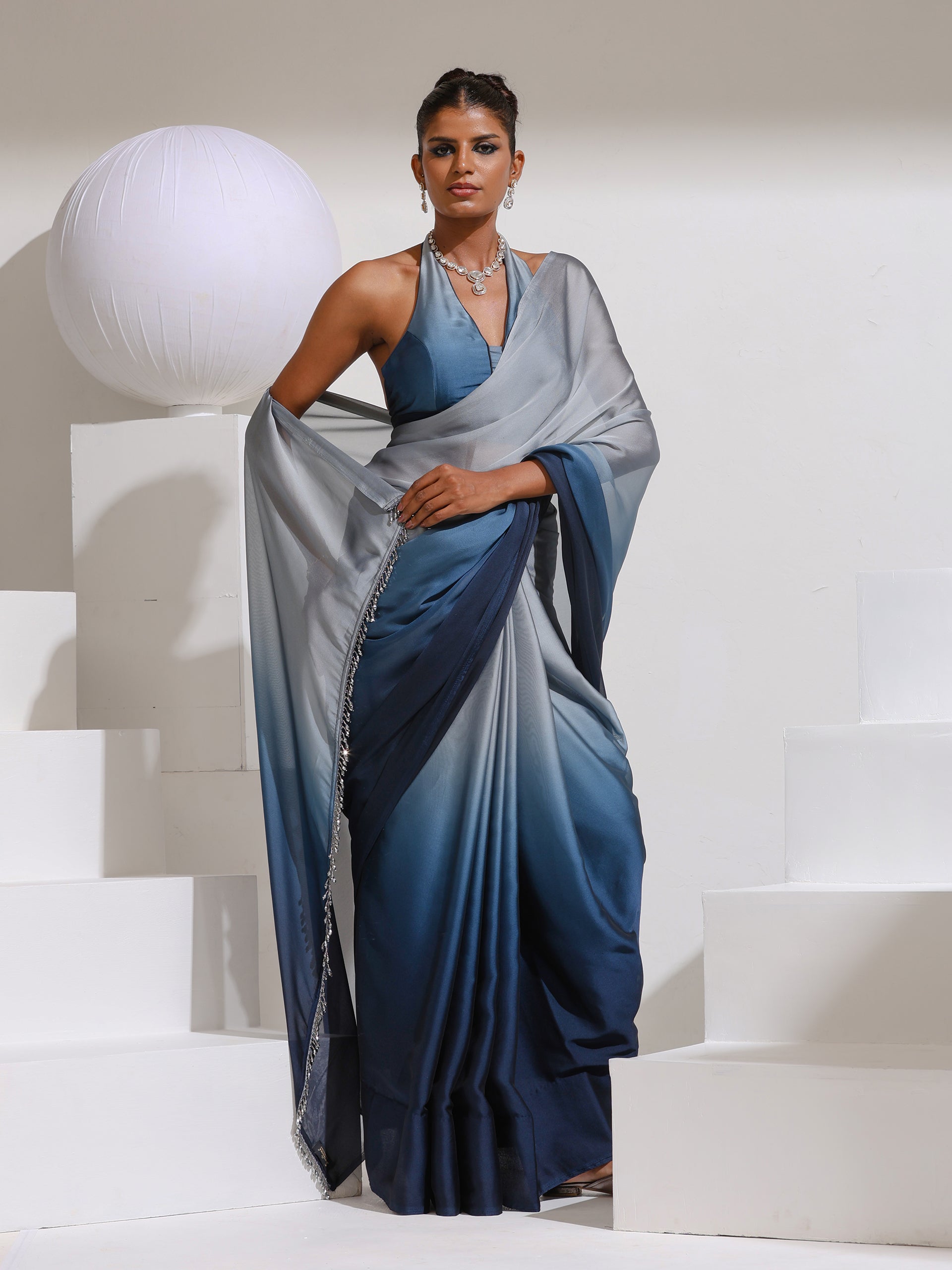 Star Command Blue Grey Ombre with Lace and Self blouse