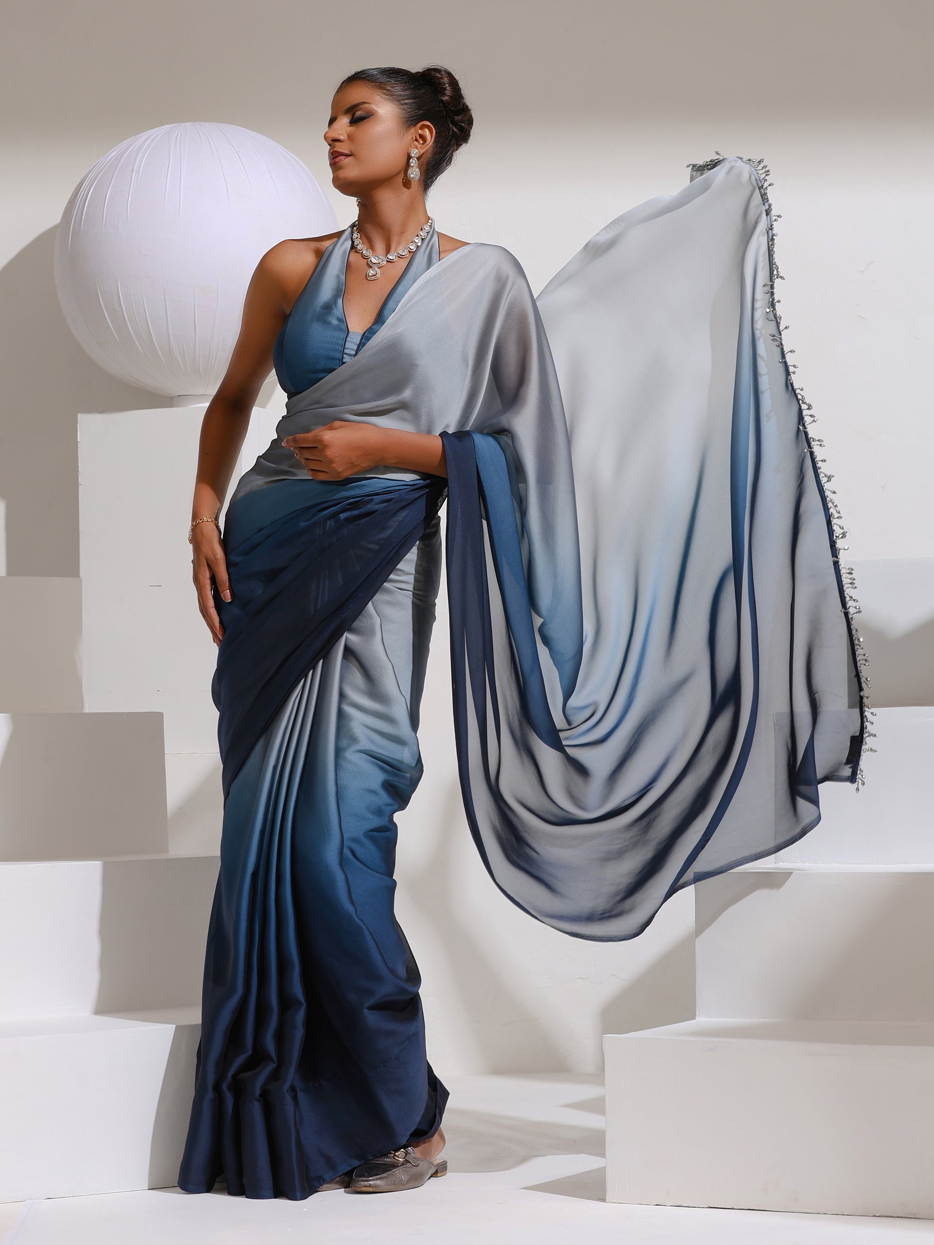 Star Command Blue Grey Ombre with Lace and Self blouse