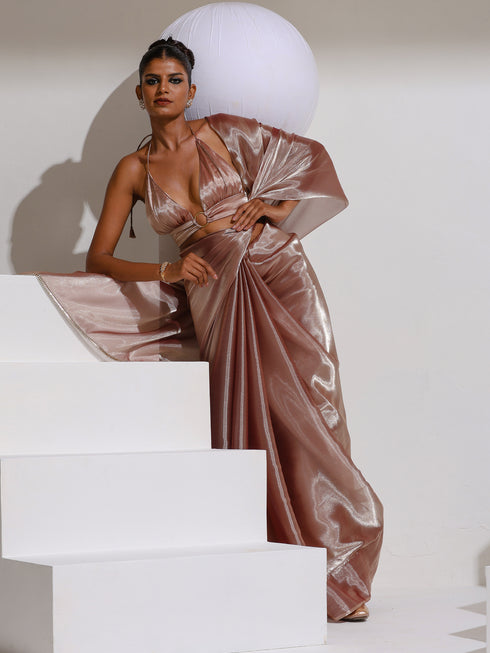 Peach Silver Pearl Silky Organza Saree with Diamond Lace and Self Blouse Fabric
