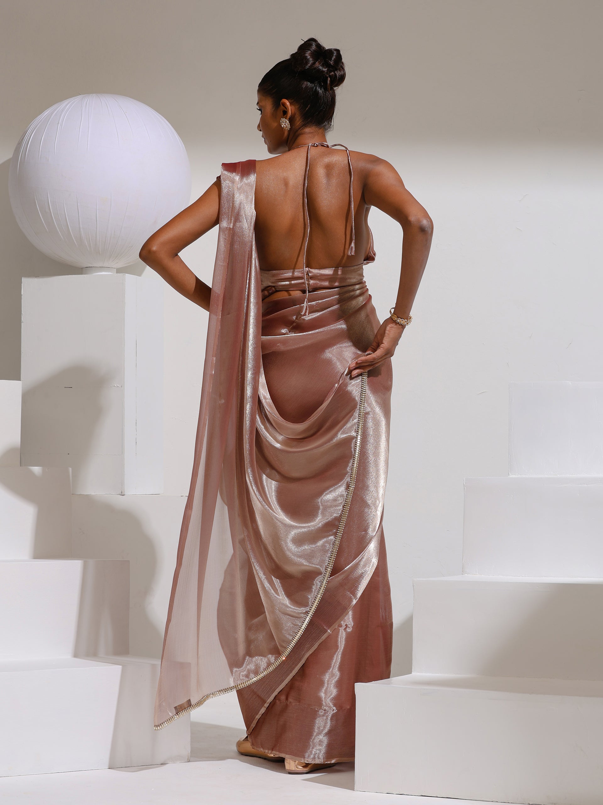 Peach Silver Pearl Silky Organza Saree with Diamond Lace and Self Blouse Fabric