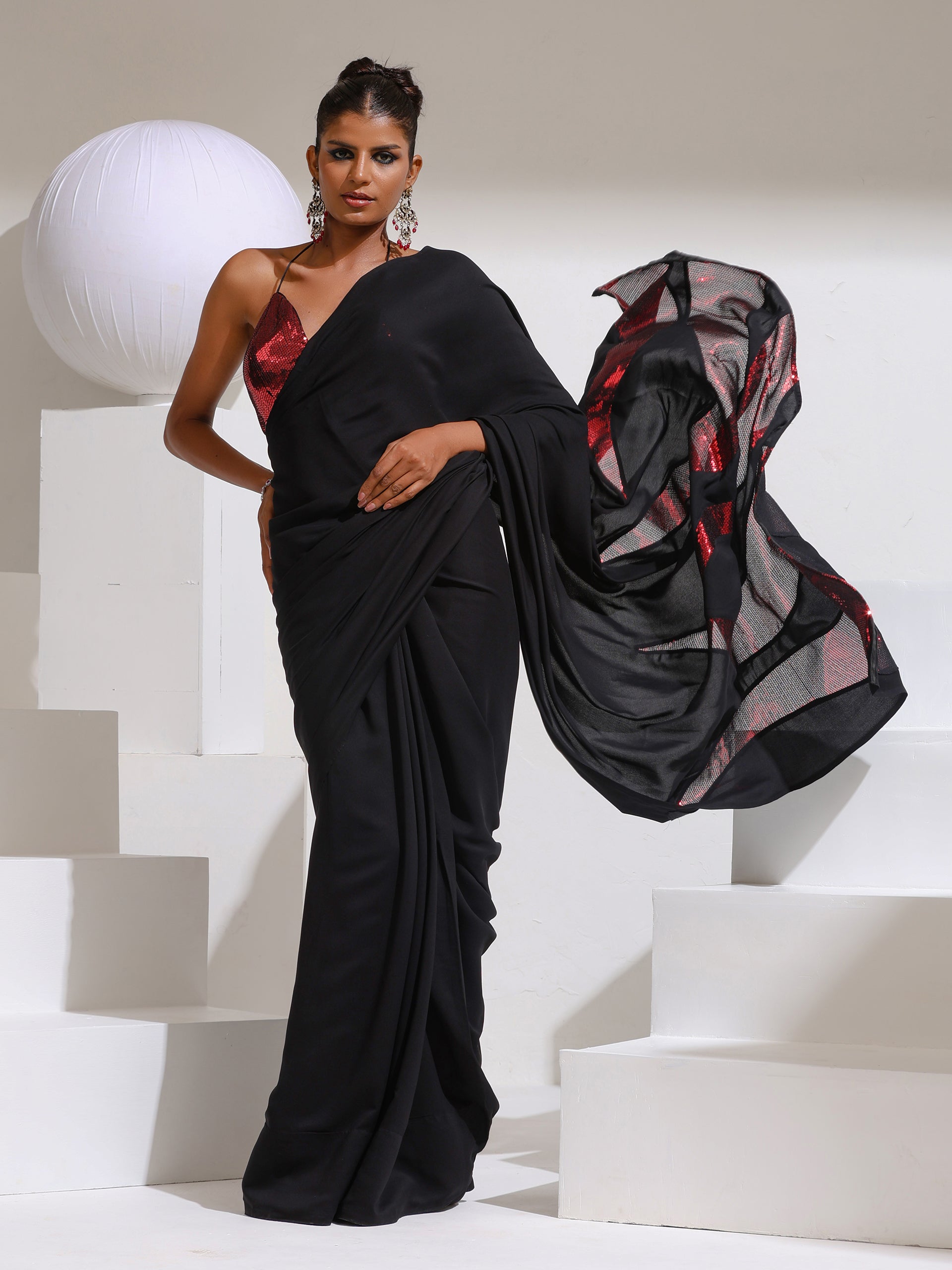 On Fire - Black Korean Saree with Red Sequins