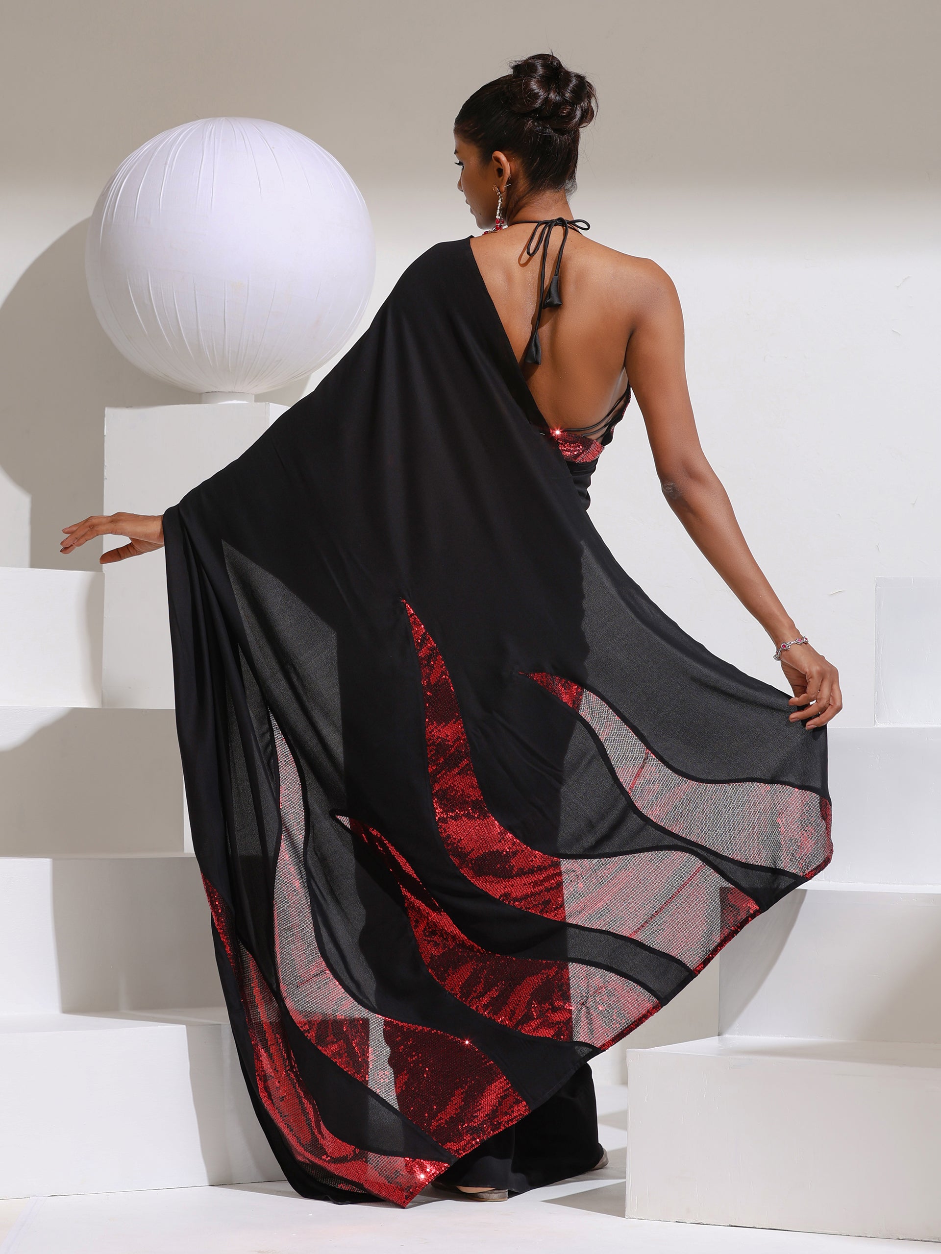 On Fire - Black Korean Saree with Red Sequins