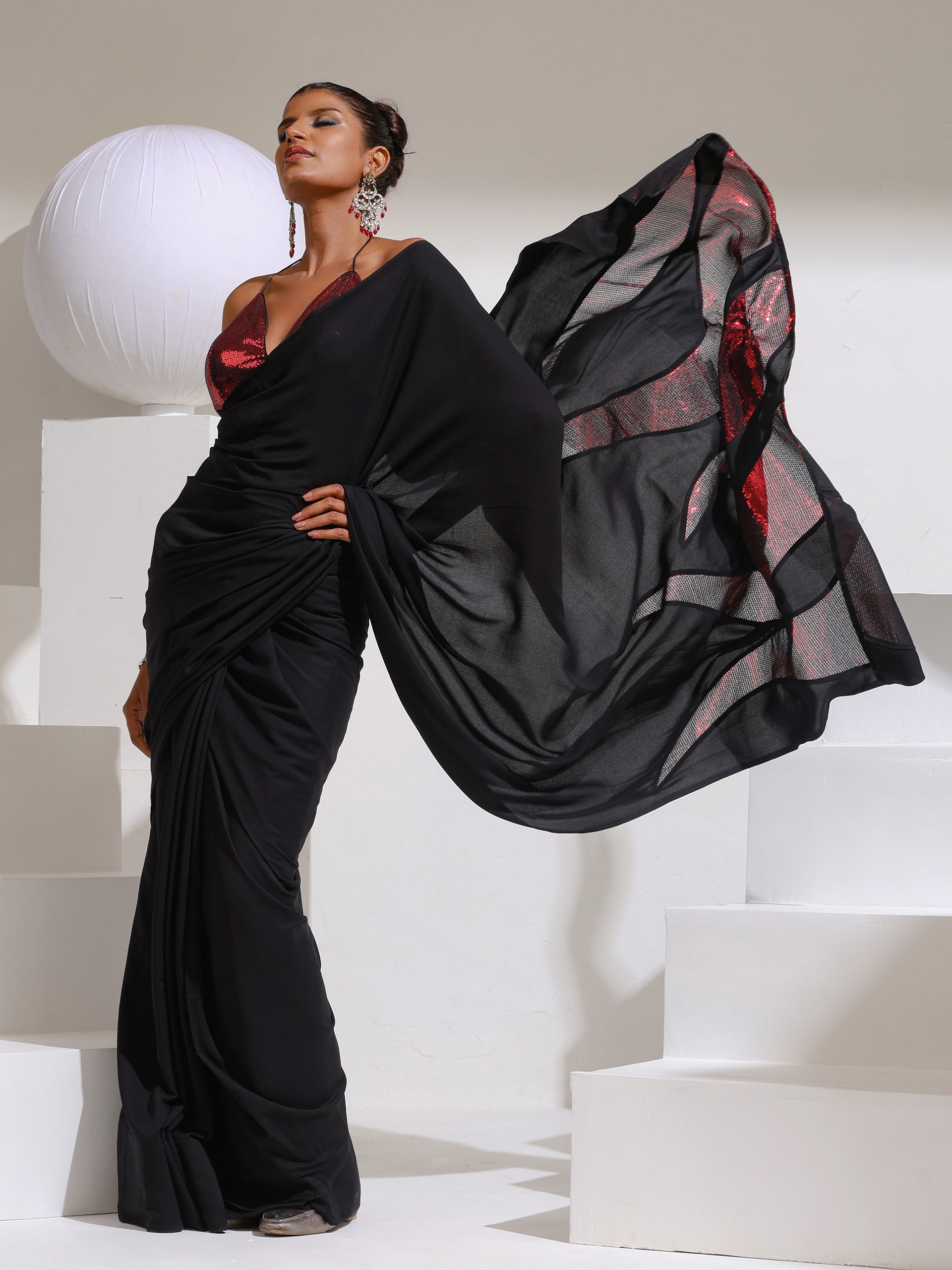 On Fire - Black Korean Saree with Red Sequins