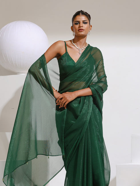 Grass is Greener Chiffon Shimmer Saree with Beads and Blouse Fabric