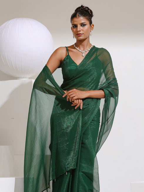 Grass is Greener Chiffon Shimmer Saree with Beads and Blouse Fabric