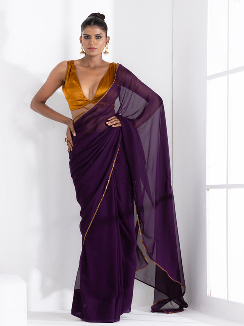 Grape Violet Georgette Saree with Bronze Lace and Galaxy Shine Blouse Fabric