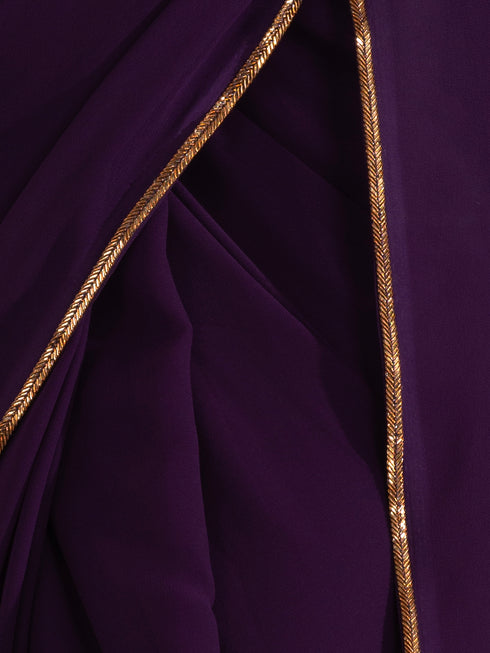 Grape Violet Georgette Saree with Bronze Lace and Galaxy Shine Blouse Fabric