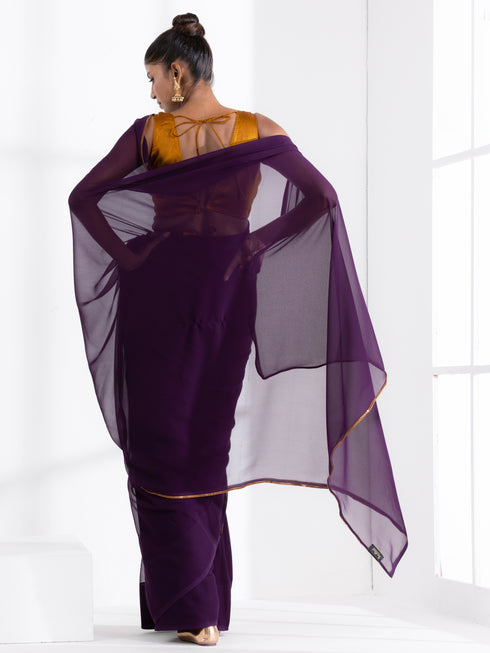 Grape Violet Georgette Saree with Bronze Lace and Galaxy Shine Blouse Fabric
