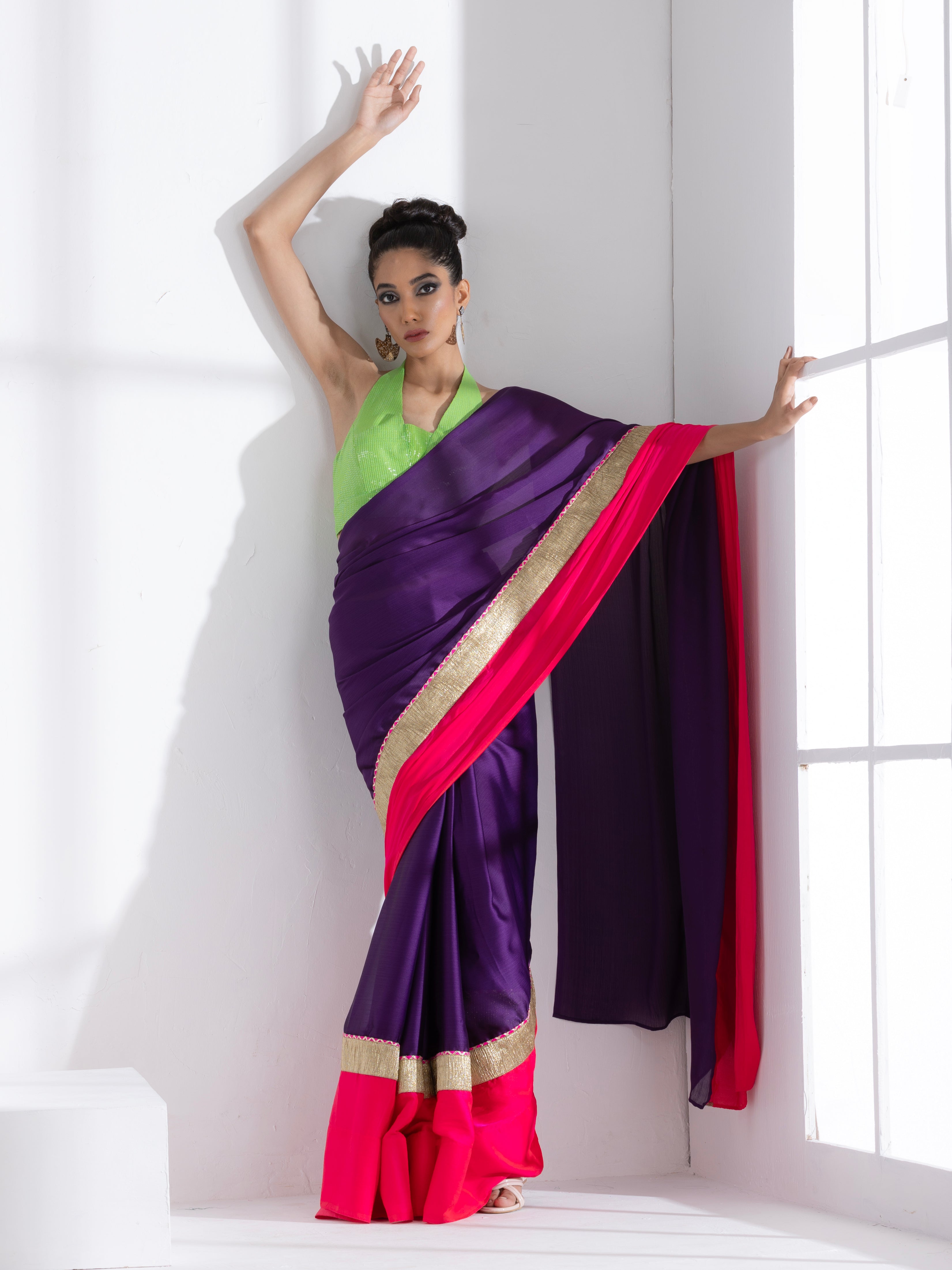 Amythst Chiffon Saree with Fuchsia Satin Border & Green Sequin Blouse Fabric