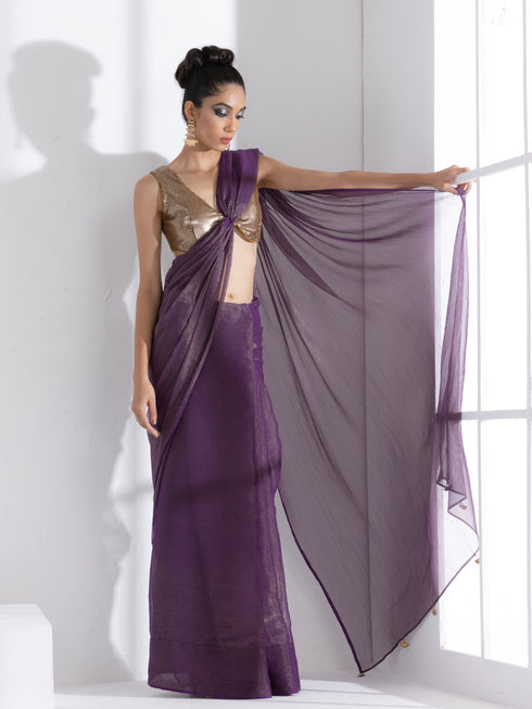 Purple Passion Shimmer Chiffon Saree with Bronze Pendants