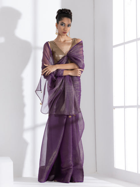 Purple Passion Shimmer Chiffon Saree with Bronze Pendants