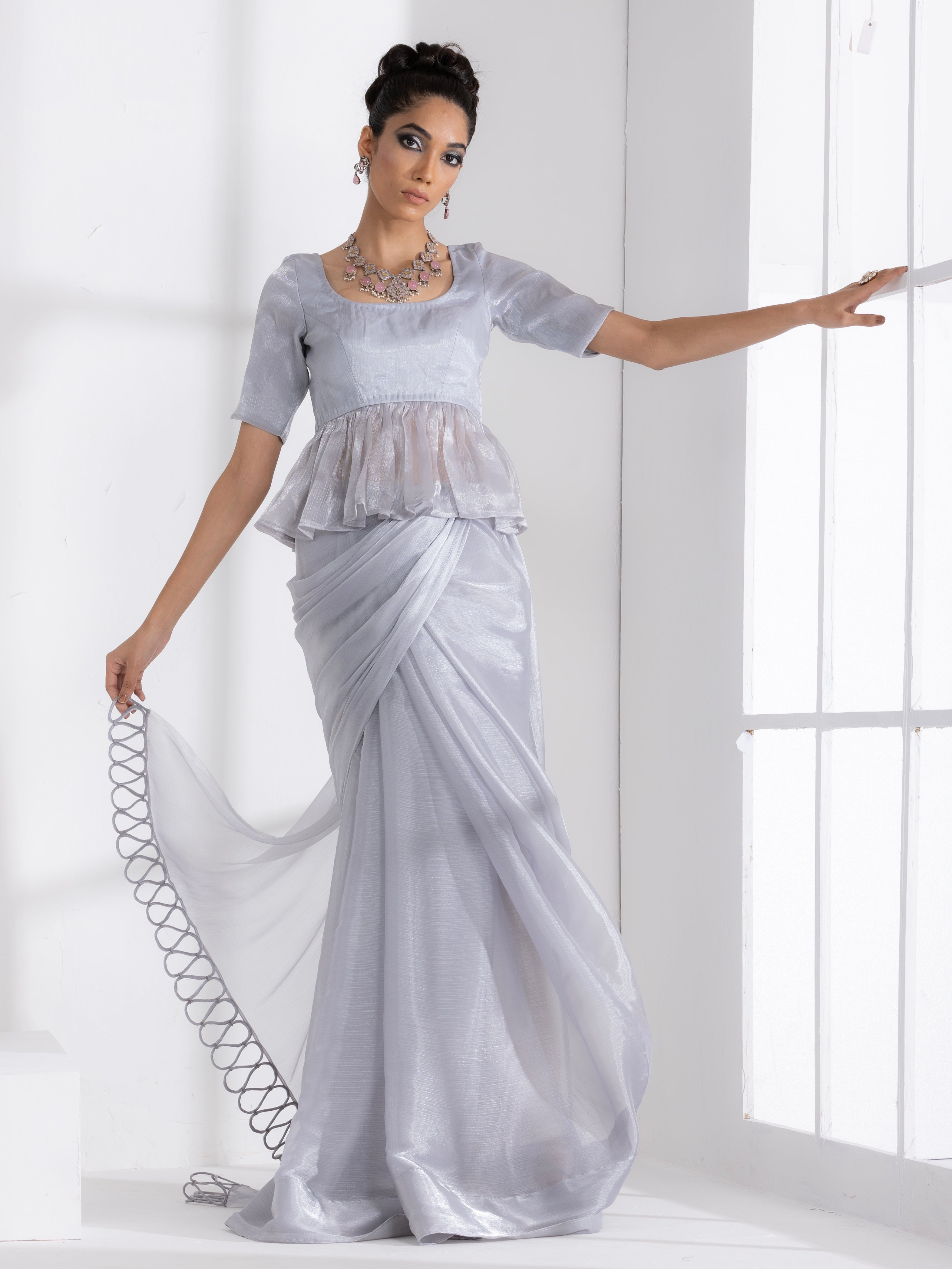 Infinite Ice Silver Chiffon Saree