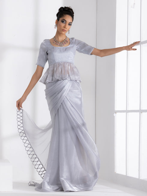 Infinite Ice Silver Chiffon Saree