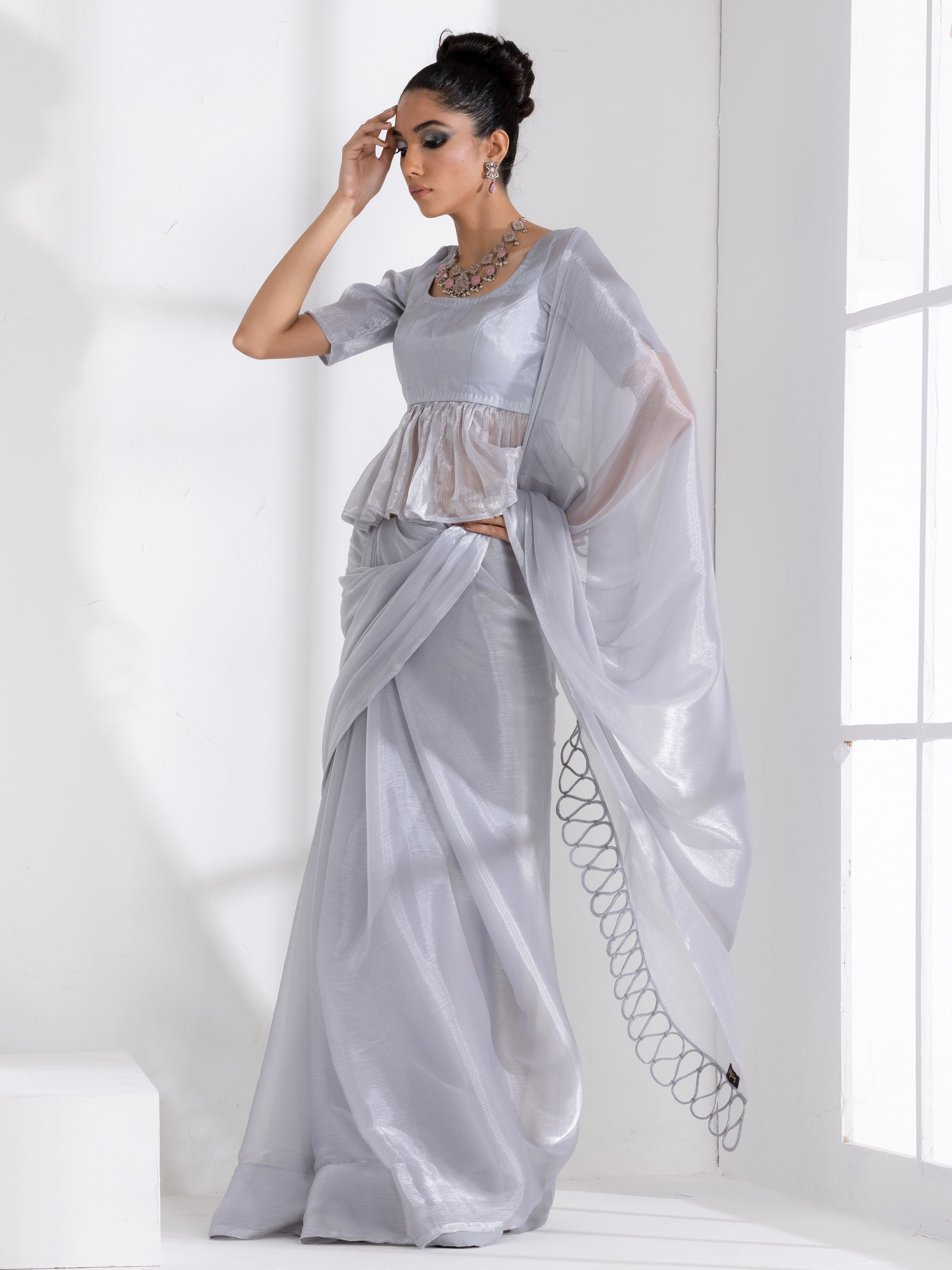 Infinite Ice Silver Chiffon Saree