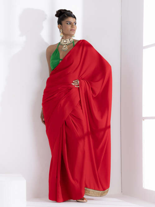 Jungle Red Korean Saree with Green Lace and Green Posh Blouse