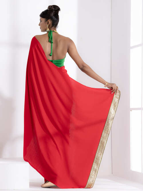 Jungle Red Korean Saree with Green Lace and Green Posh Blouse
