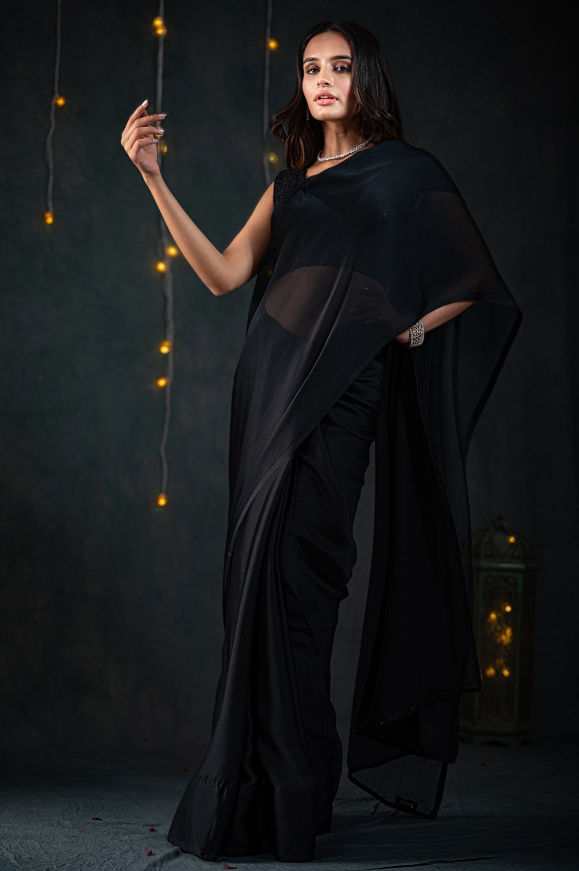 Black Chiffon Saree with Embroidered Blouse Fabric
