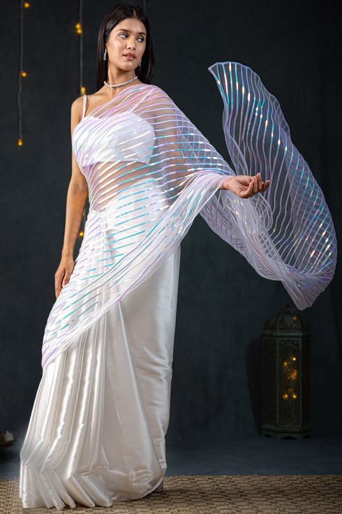 White Impression Net Saree
