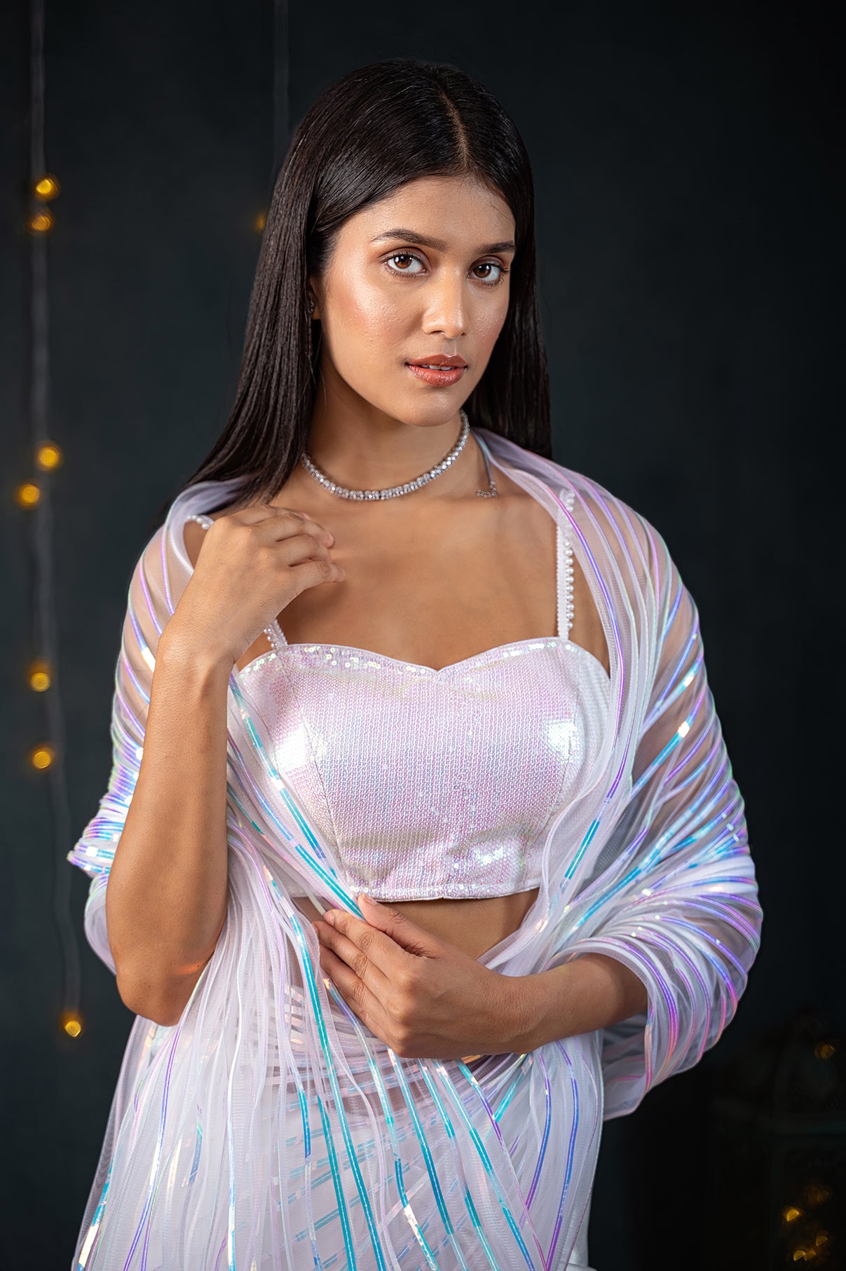 White Impression Net Saree