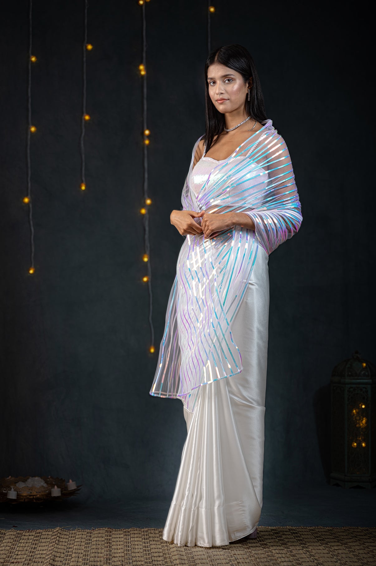 White Impression Net Saree