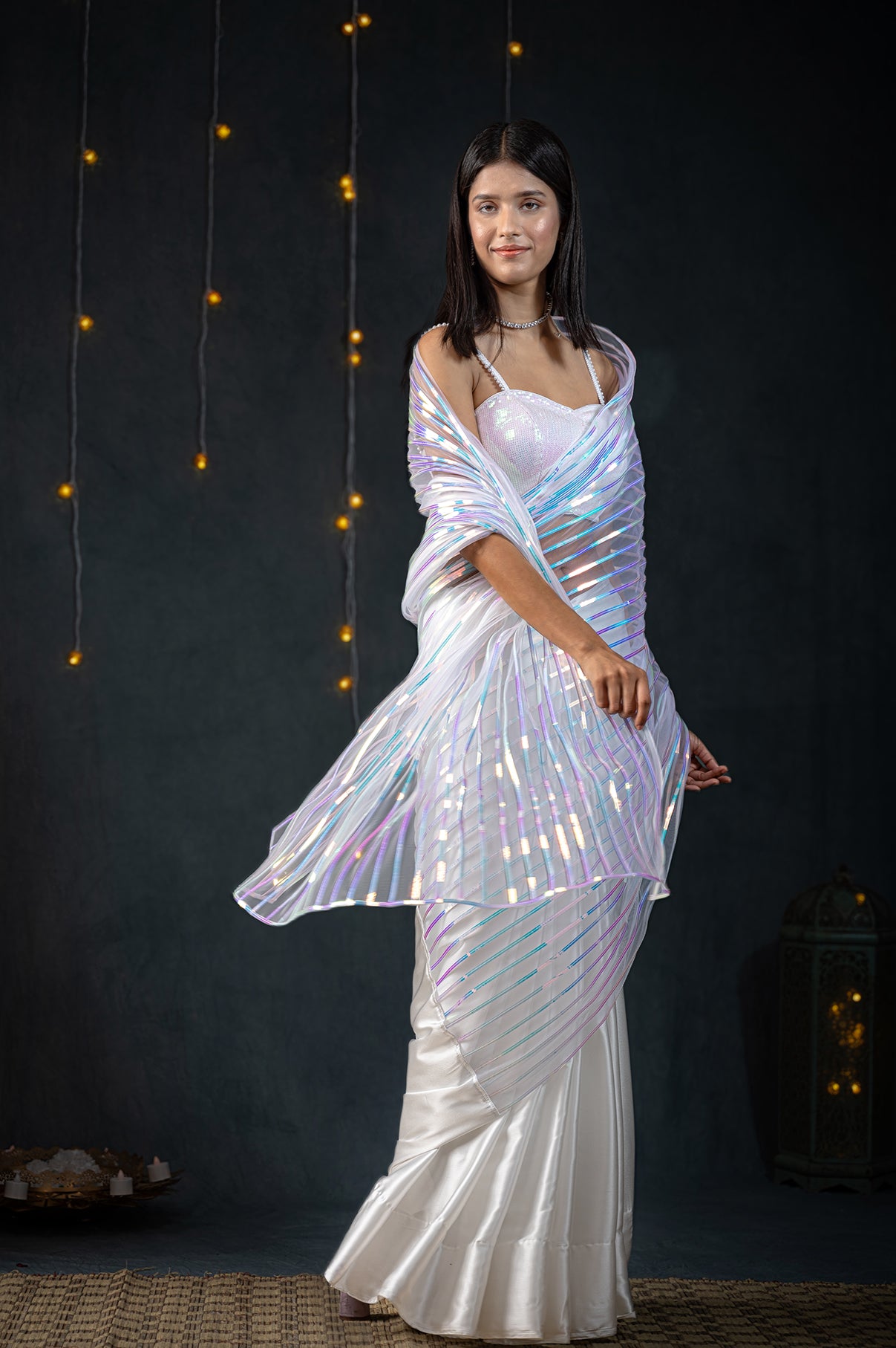 White Impression Net Saree