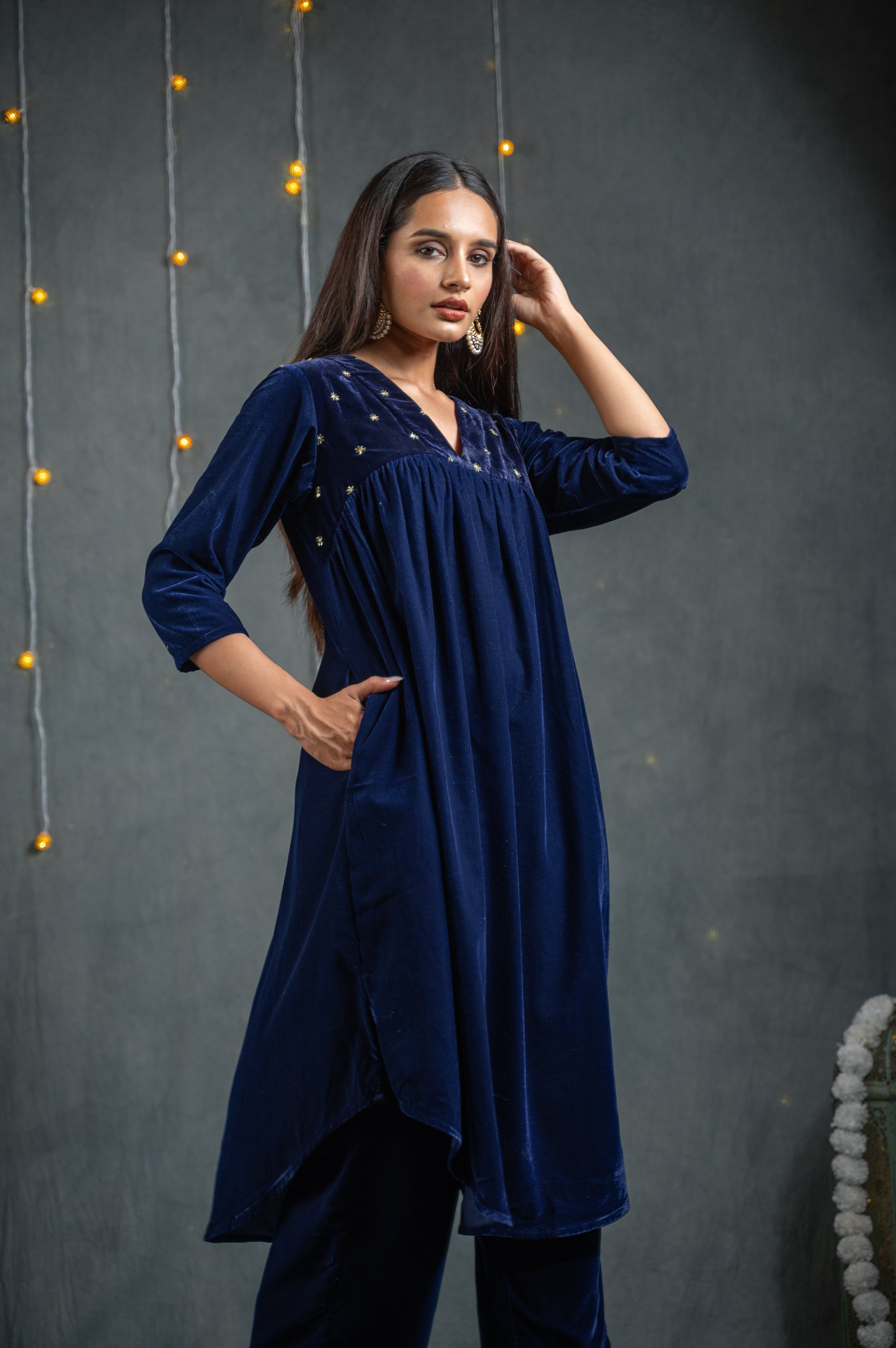 Women's Azure Velvet Kurta with Sequined Yoke and Pants 2 Piece Set | Straight Fit, V Neck, 3/4 Sleeves, Pants, Festive Wear, (Velvet)