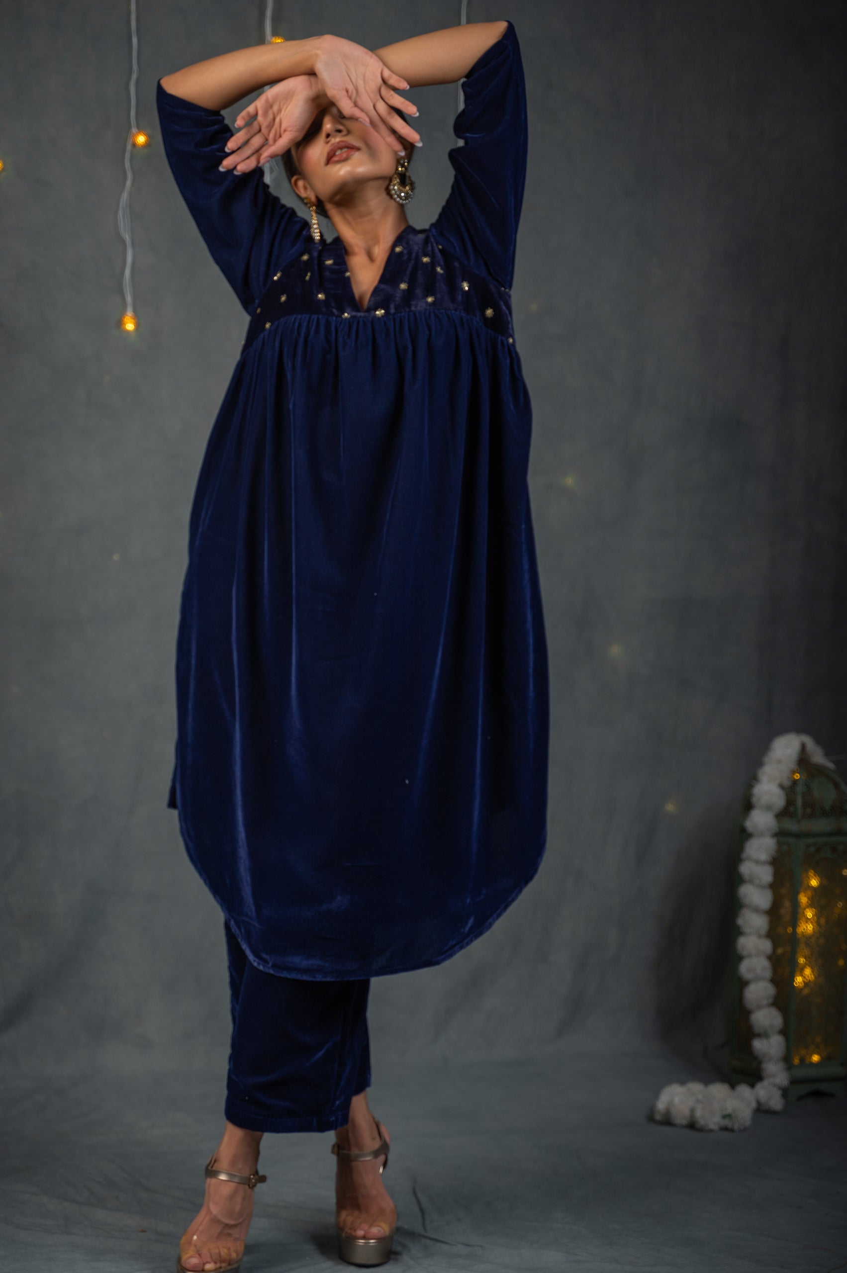 Women's Azure Velvet Kurta with Sequined Yoke and Pants 2 Piece Set | Straight Fit, V Neck, 3/4 Sleeves, Pants, Festive Wear, (Velvet)
