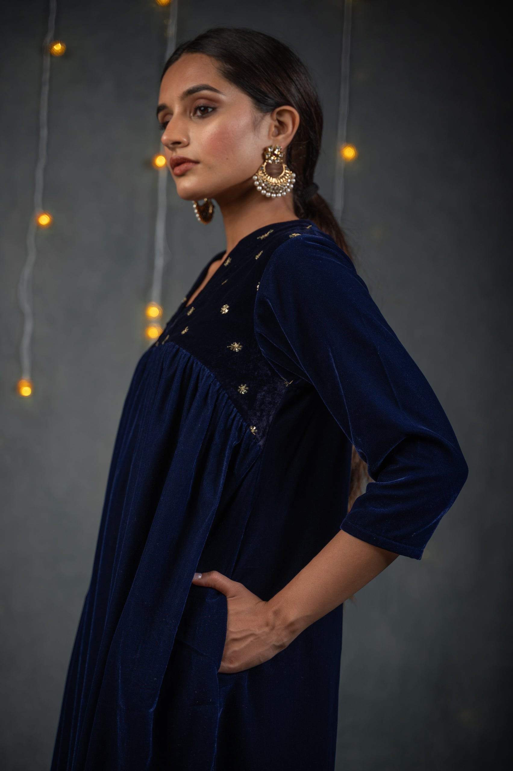 Women's Azure Velvet Kurta with Sequined Yoke and Pants 2 Piece Set | Straight Fit, V Neck, 3/4 Sleeves, Pants, Festive Wear, (Velvet)