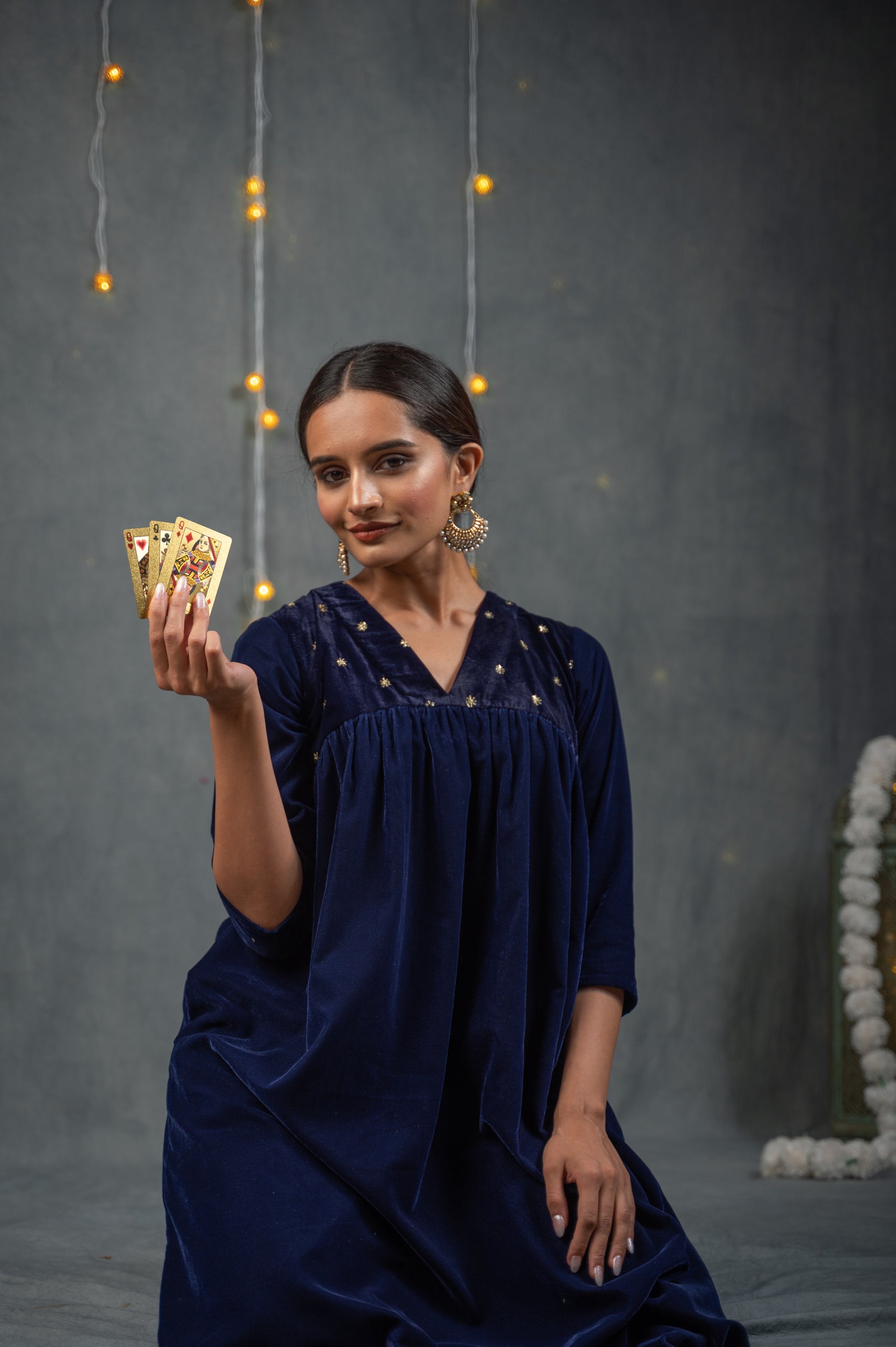 Women's Azure Velvet Kurta with Sequined Yoke and Pants 2 Piece Set | Straight Fit, V Neck, 3/4 Sleeves, Pants, Festive Wear, (Velvet)
