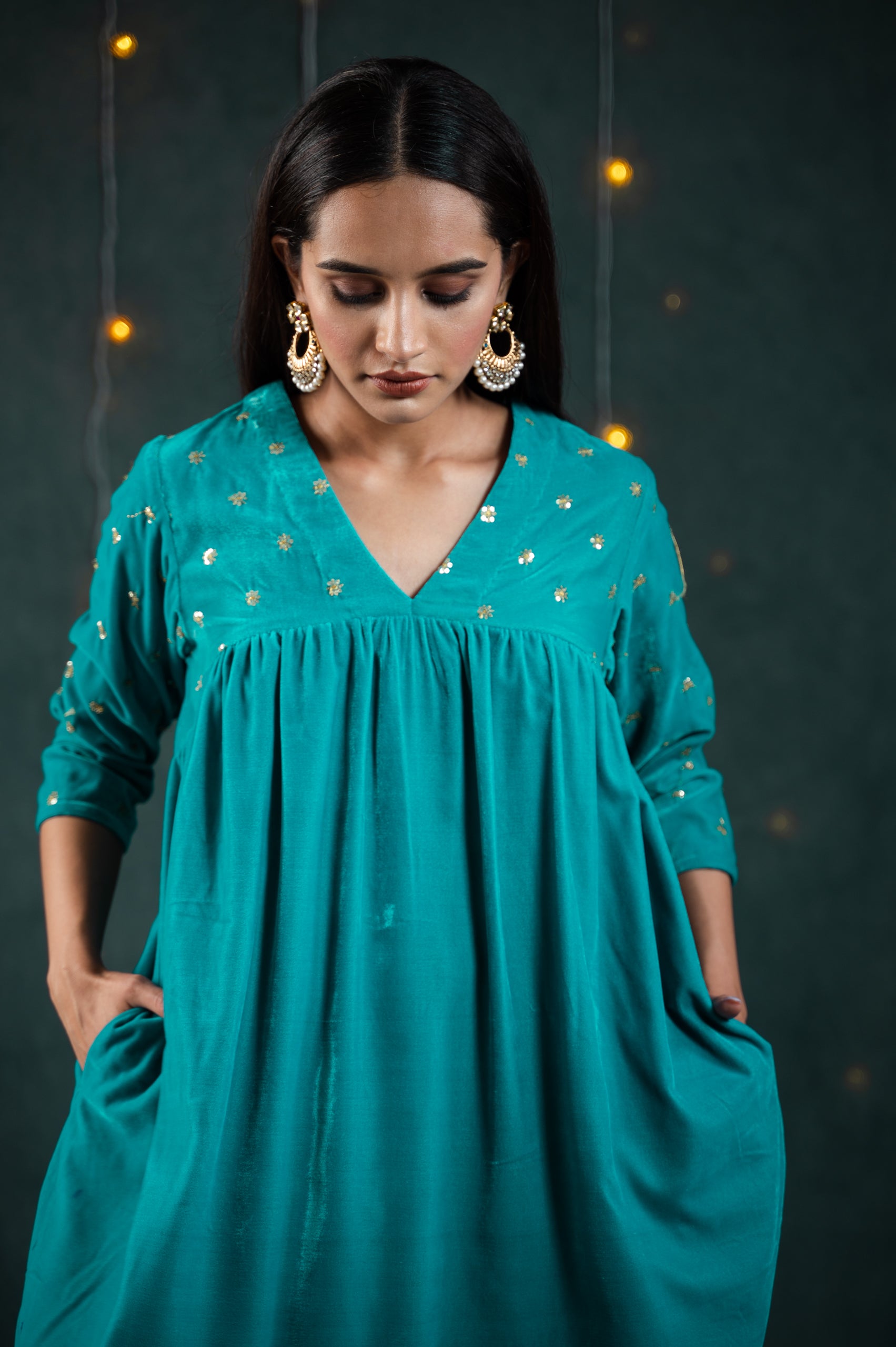 Women's Sky Blue Velvet Top with Sequined Sleeves and Yoke 2 Piece Set | Straight Fit, V Neck, 3/4 Sleeves, Pants, Festive Wear, (Velvet)