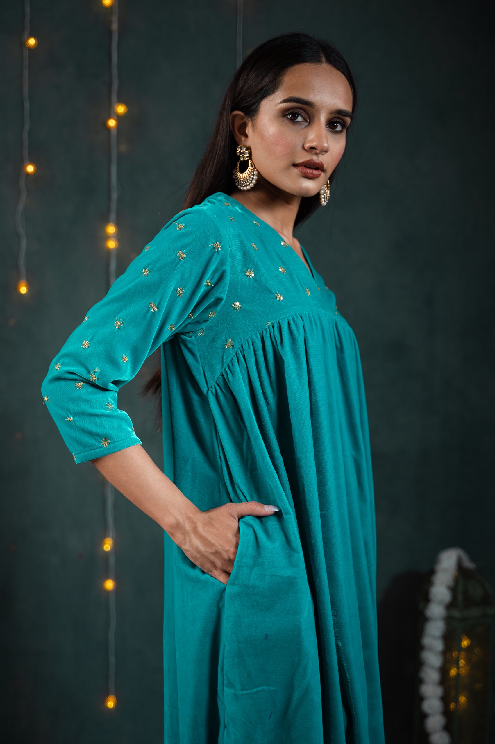Women's Sky Blue Velvet Top with Sequined Sleeves and Yoke 2 Piece Set | Straight Fit, V Neck, 3/4 Sleeves, Pants, Festive Wear, (Velvet)
