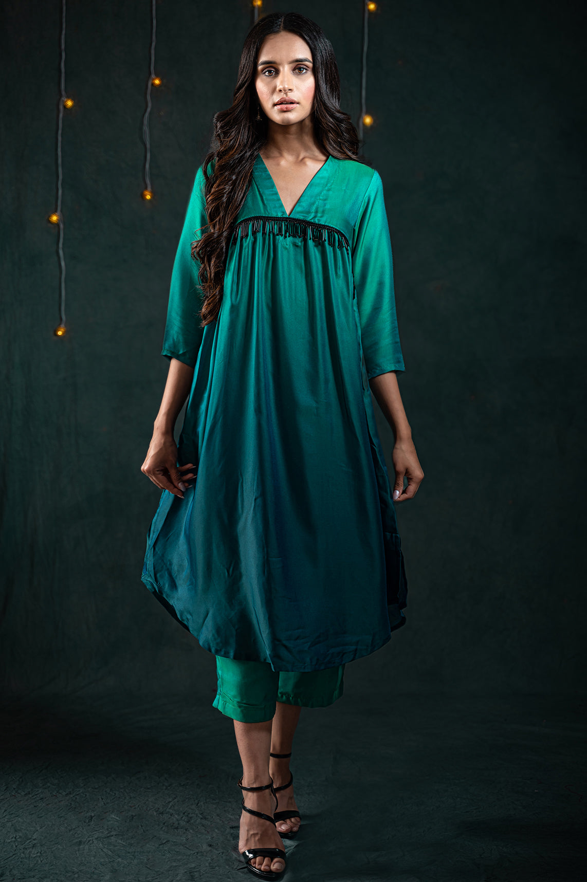 Women's Green & Blue Ombre Kurta with Hanging Black Lace and Pants 2 Piece Set | Straight Fit, V Neck, 3/4 Sleeves, Pants, Partywear, (Satin)