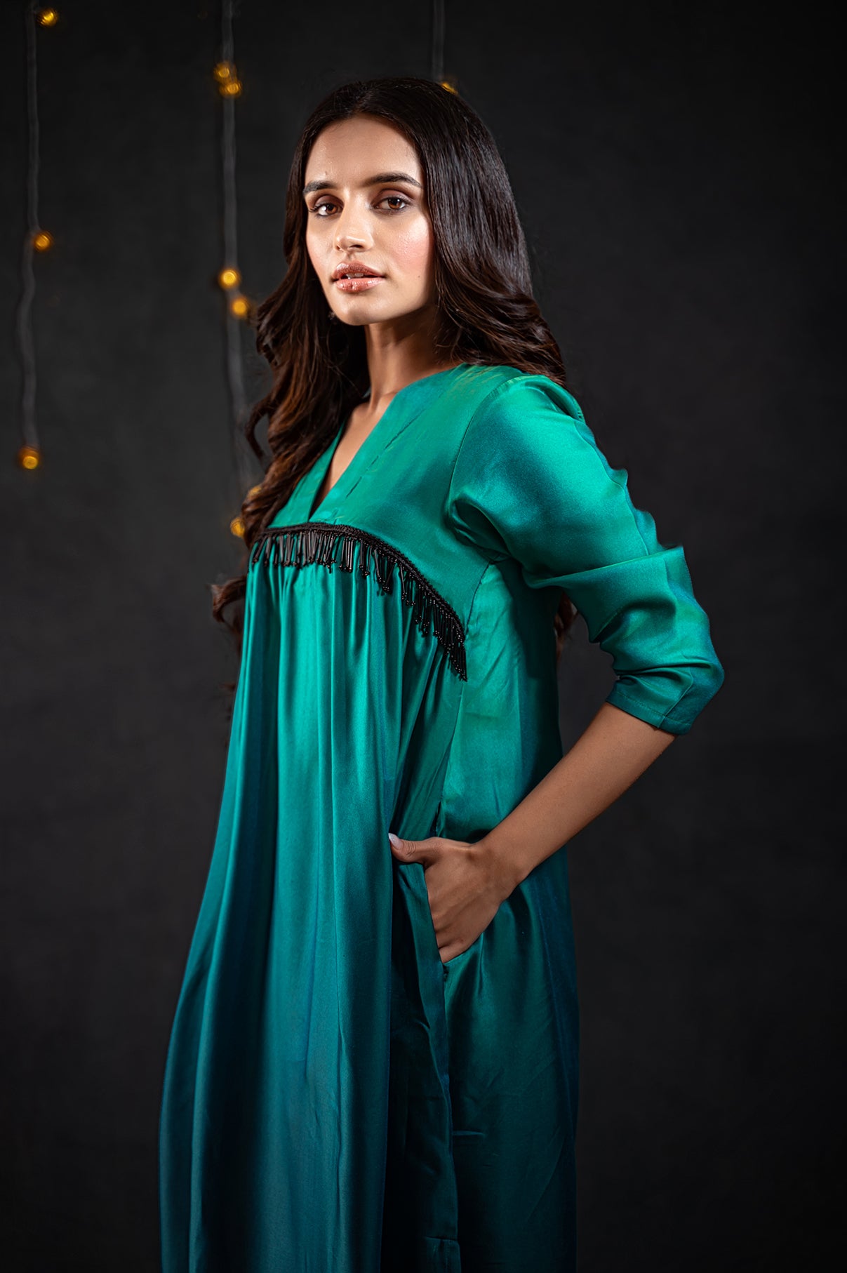 Women's Green & Blue Ombre Kurta with Hanging Black Lace and Pants 2 Piece Set | Straight Fit, V Neck, 3/4 Sleeves, Pants, Partywear, (Satin)