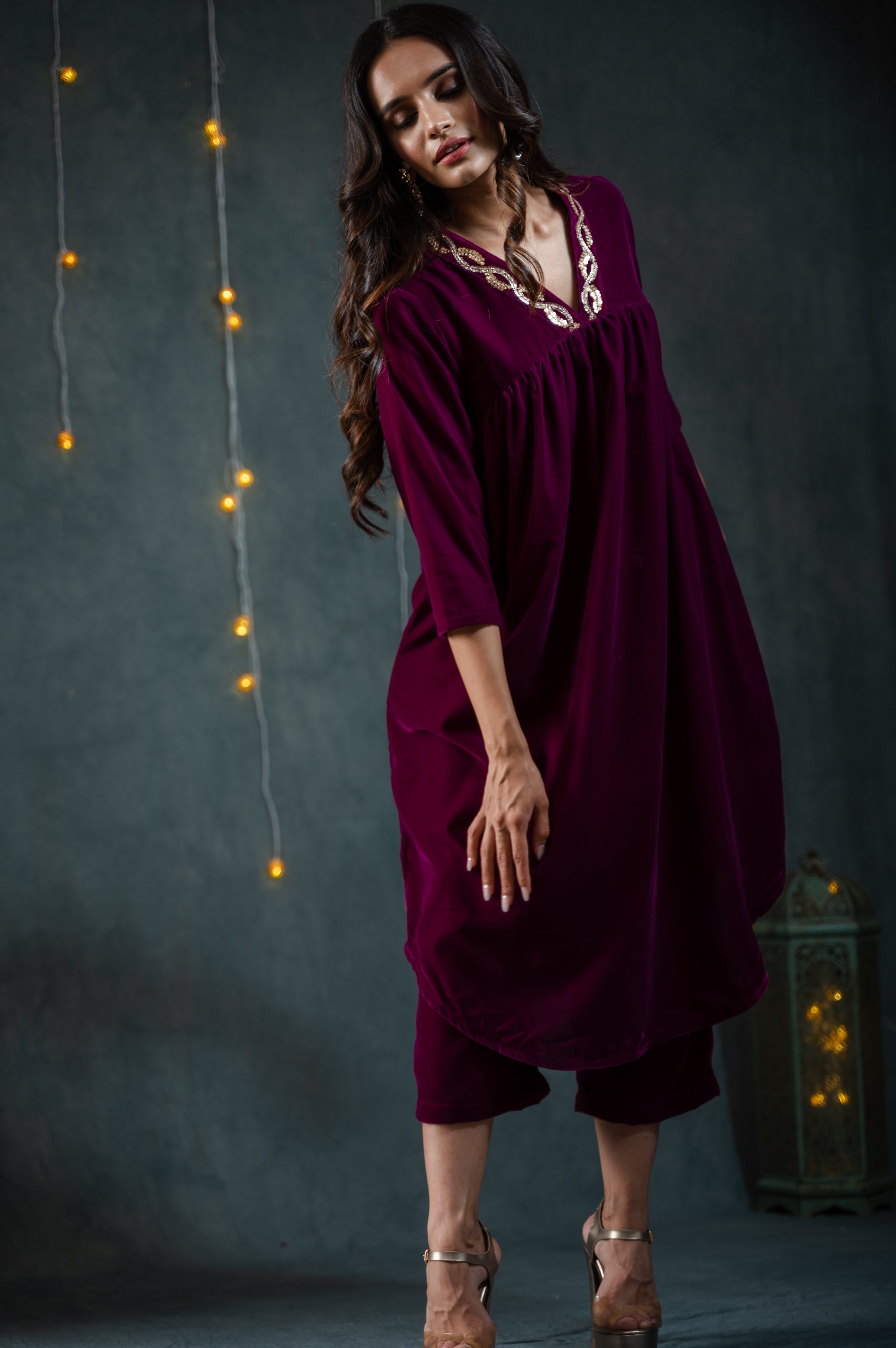 Women's Plum Velvet Kurta with Sequinned Neckline and Pants 2 Piece Set | Straight Fit, V Neck, 3/4 Sleeves, Pants, Partywear, (Velvet)