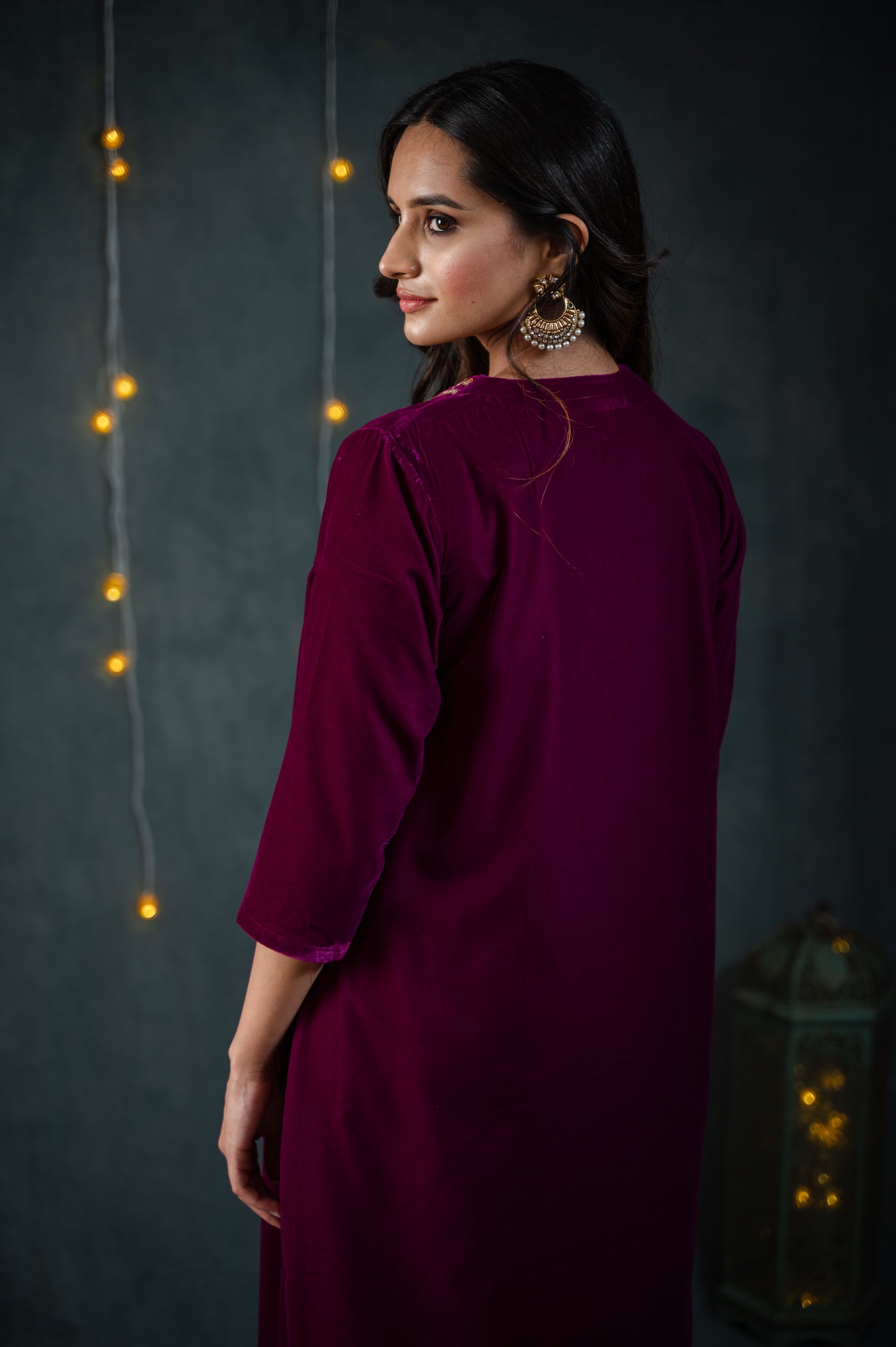 Women's Plum Velvet Kurta with Sequinned Neckline and Pants 2 Piece Set | Straight Fit, V Neck, 3/4 Sleeves, Pants, Partywear, (Velvet)