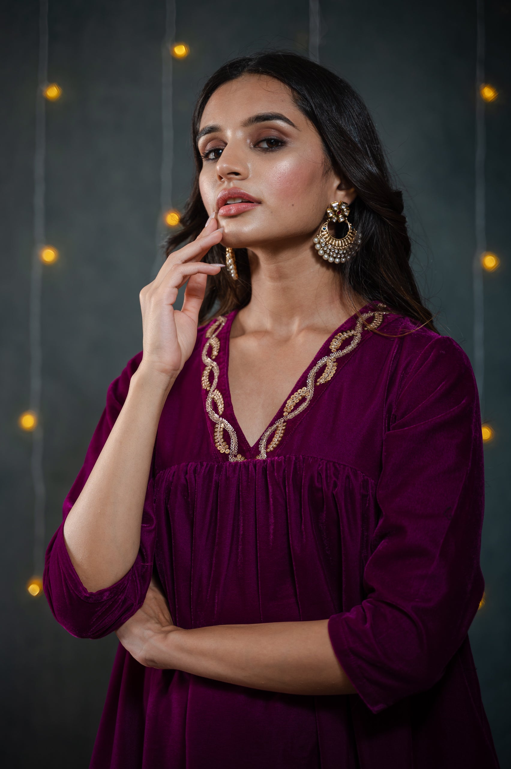 Women's Plum Velvet Kurta with Sequinned Neckline and Pants 2 Piece Set | Straight Fit, V Neck, 3/4 Sleeves, Pants, Partywear, (Velvet)