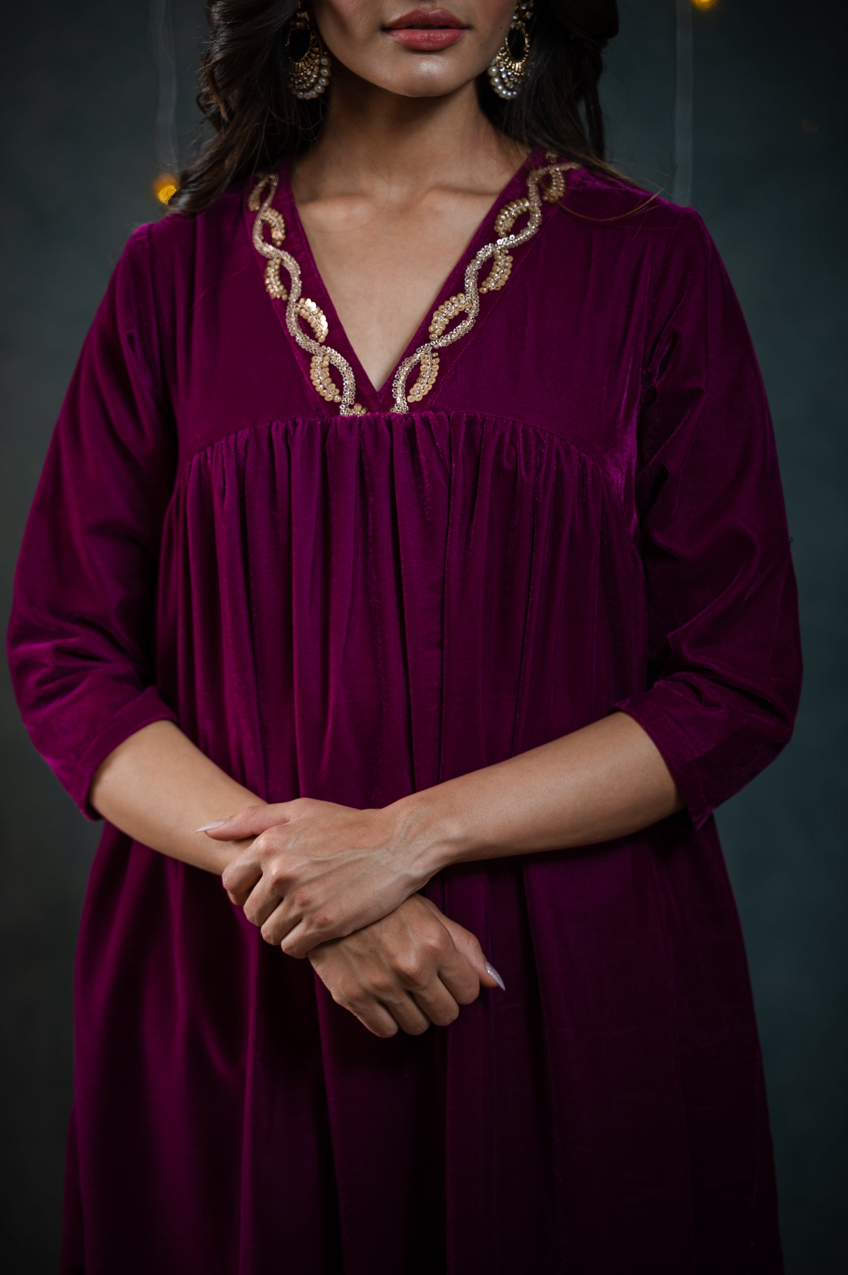 Women's Plum Velvet Kurta with Sequinned Neckline and Pants 2 Piece Set | Straight Fit, V Neck, 3/4 Sleeves, Pants, Partywear, (Velvet)