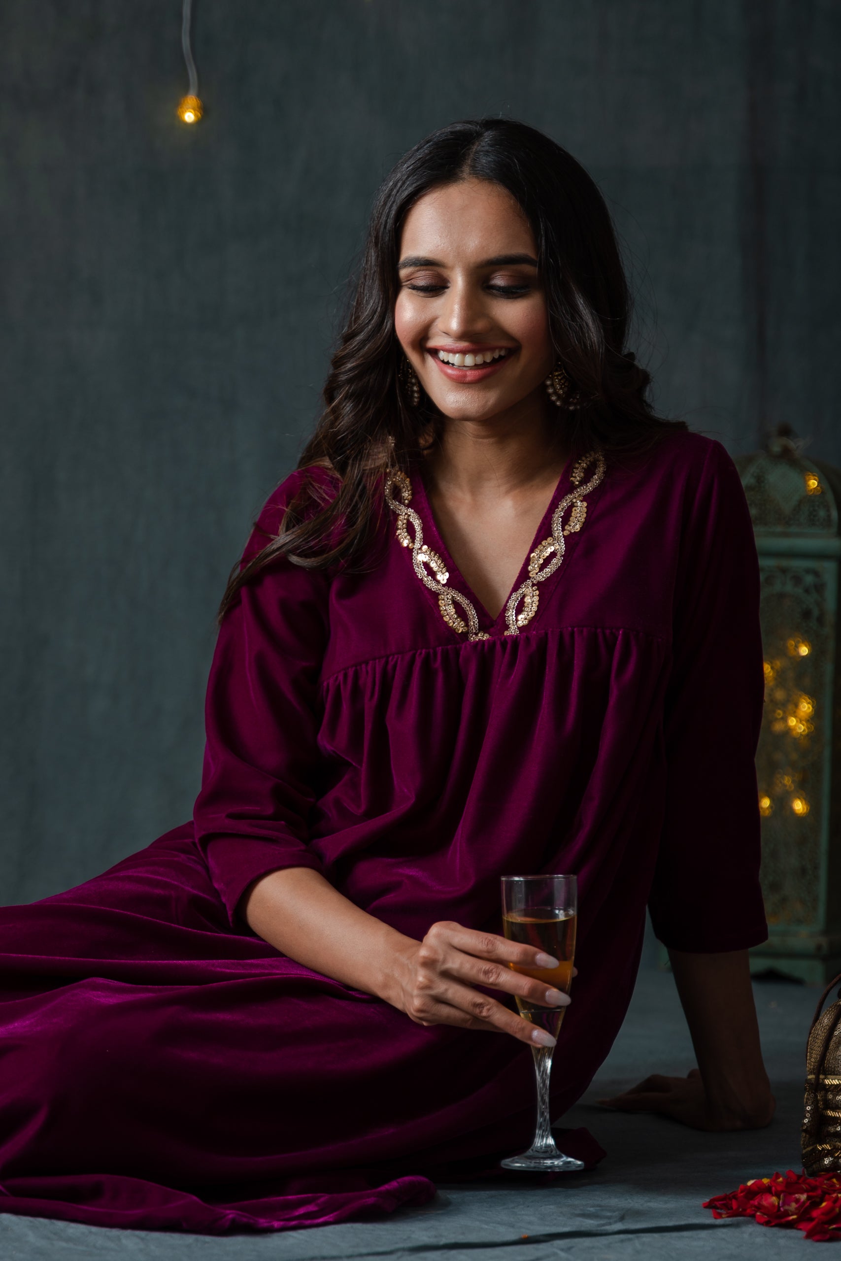 Women's Plum Velvet Kurta with Sequinned Neckline and Pants 2 Piece Set | Straight Fit, V Neck, 3/4 Sleeves, Pants, Partywear, (Velvet)