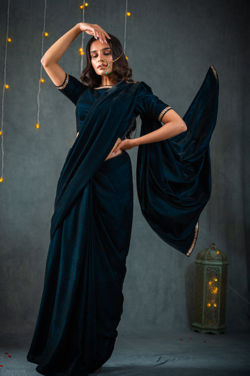 Velvet Peacock Feather Saree
