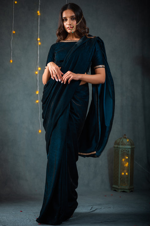 Velvet Peacock Feather Saree