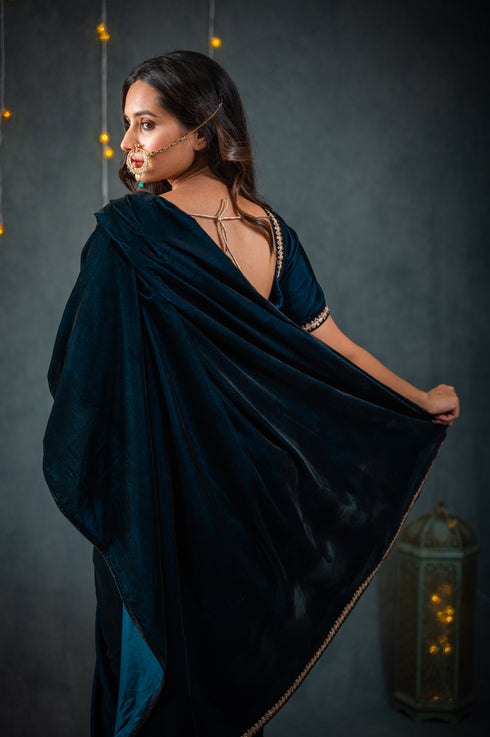 Velvet Peacock Feather Saree