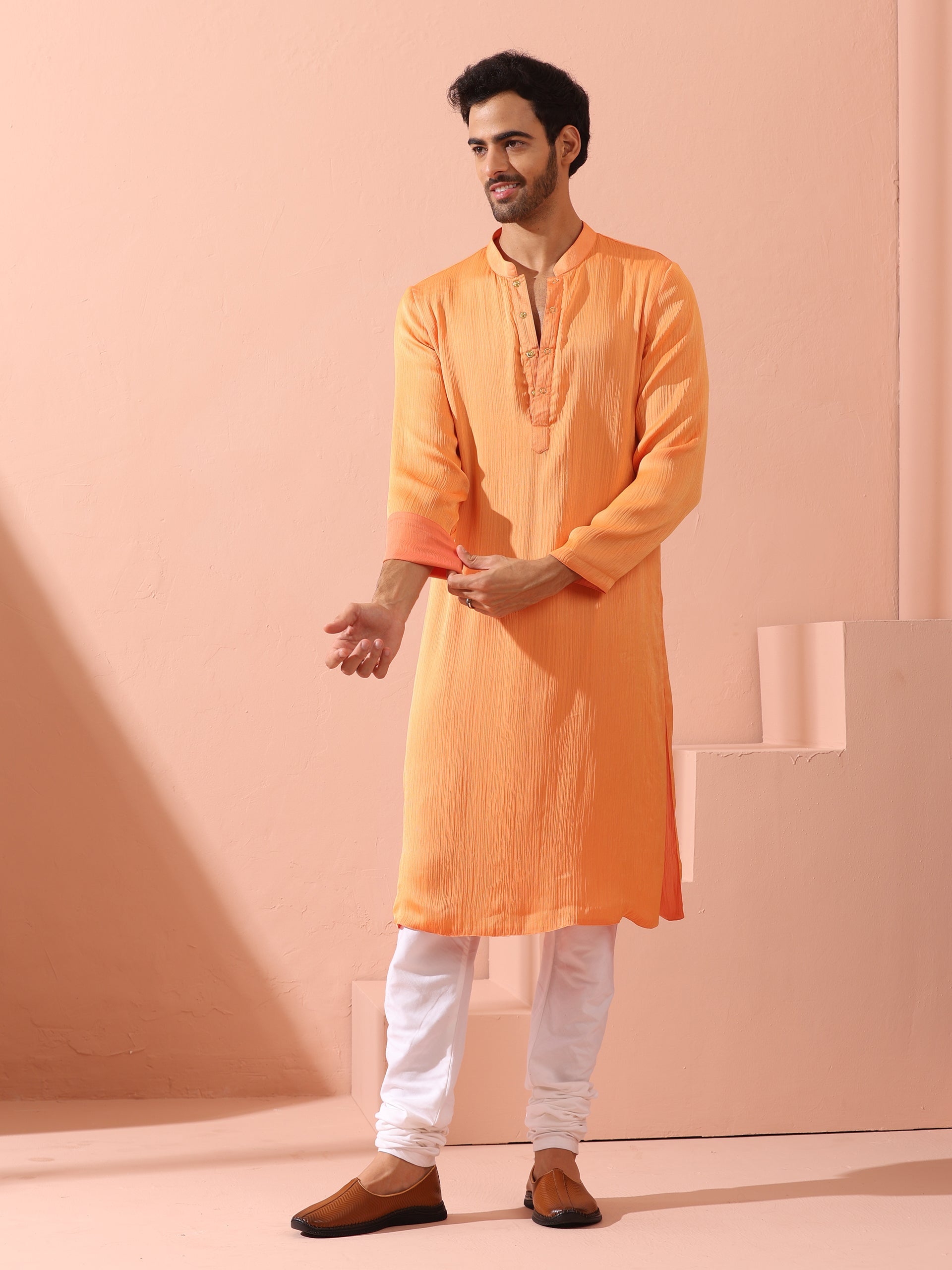 Men’s Reversible Peach & Orange Chiffon Kurta with Snaps 1 Piece | A-Line, Round Neck, Full Sleeves, Festive Wear, (Chiffon)