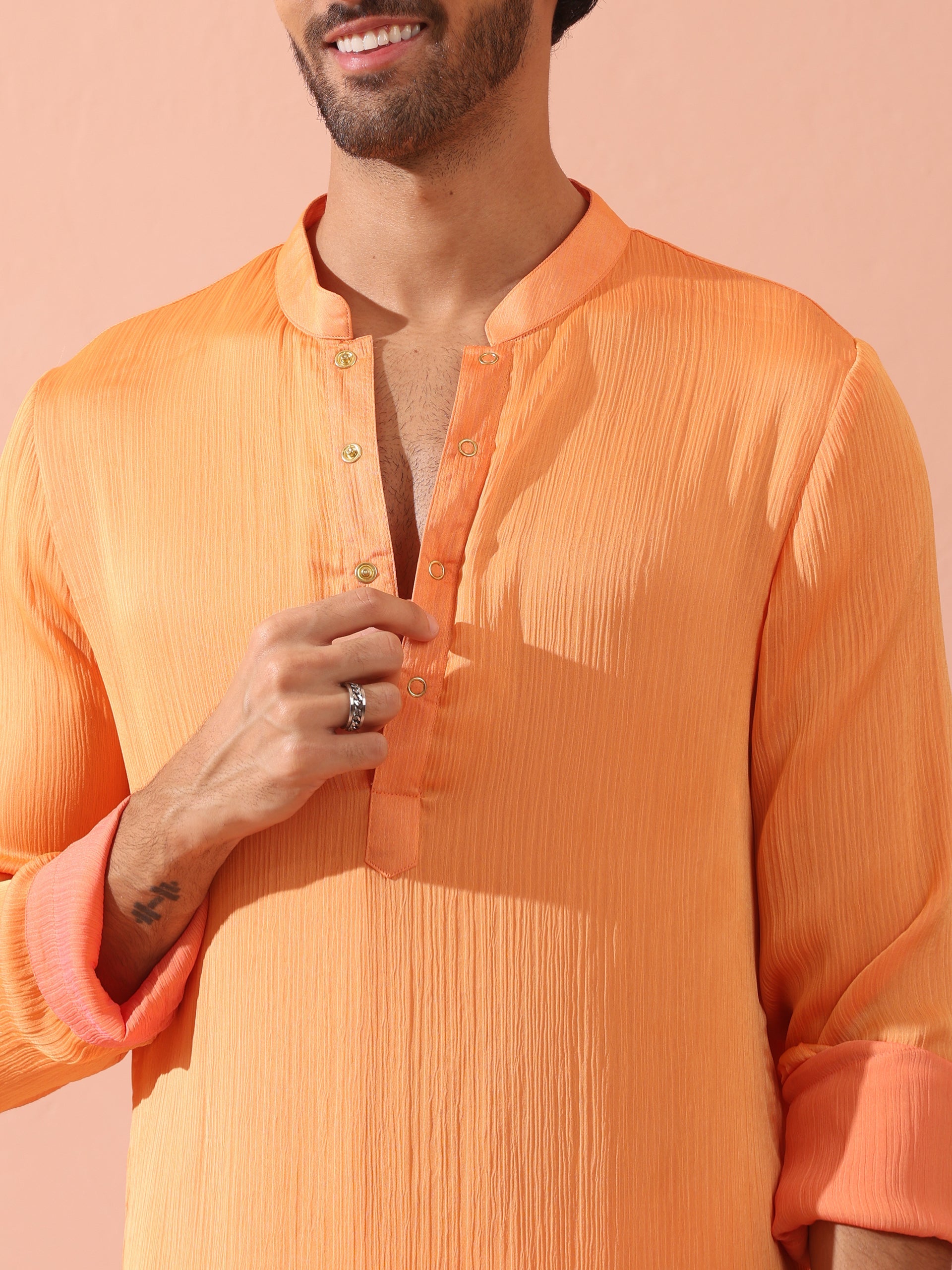 Men’s Reversible Peach & Orange Chiffon Kurta with Snaps 1 Piece | A-Line, Round Neck, Full Sleeves, Festive Wear, (Chiffon)